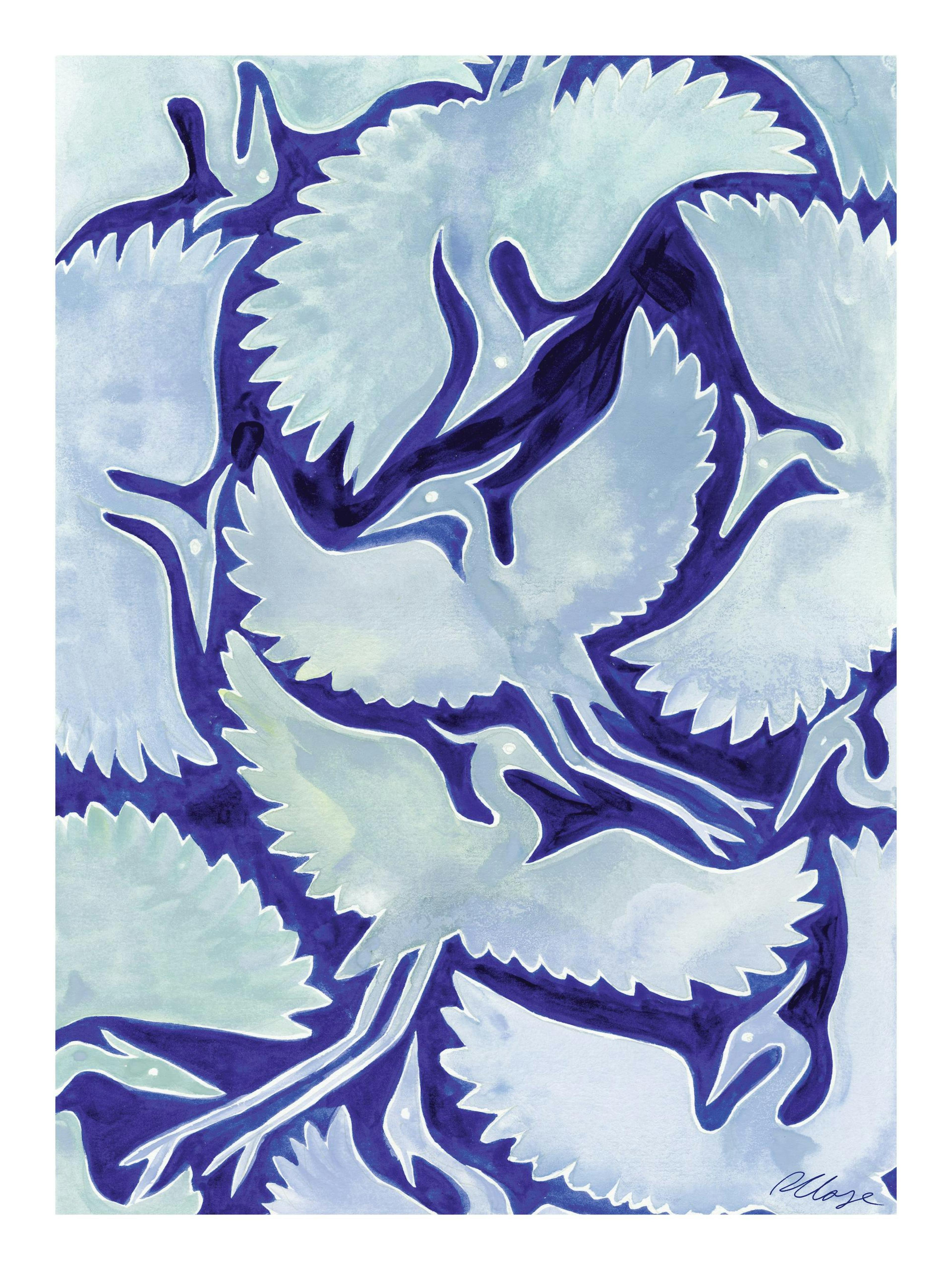 Rosanna Corfe Poster mit hellblauen Reihern auf dunklem Kobaltblau, ruhiges Vogelmotiv, Kunstwerk für Zuhause