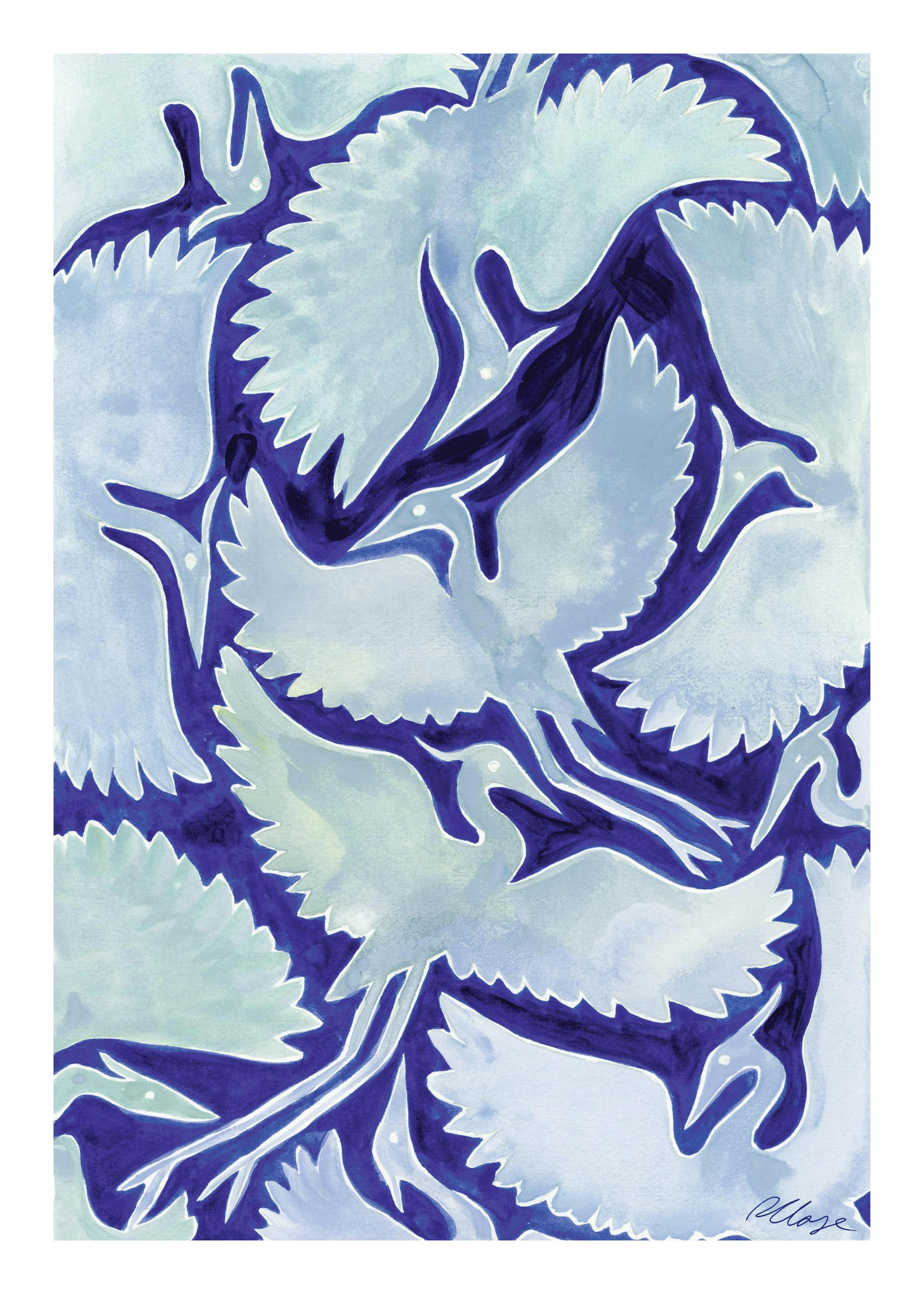 Rosanna Corfe Poster mit hellblauen Reihern auf dunklem Kobaltblau, ruhiges Vogelmotiv, Kunstwerk für Zuhause