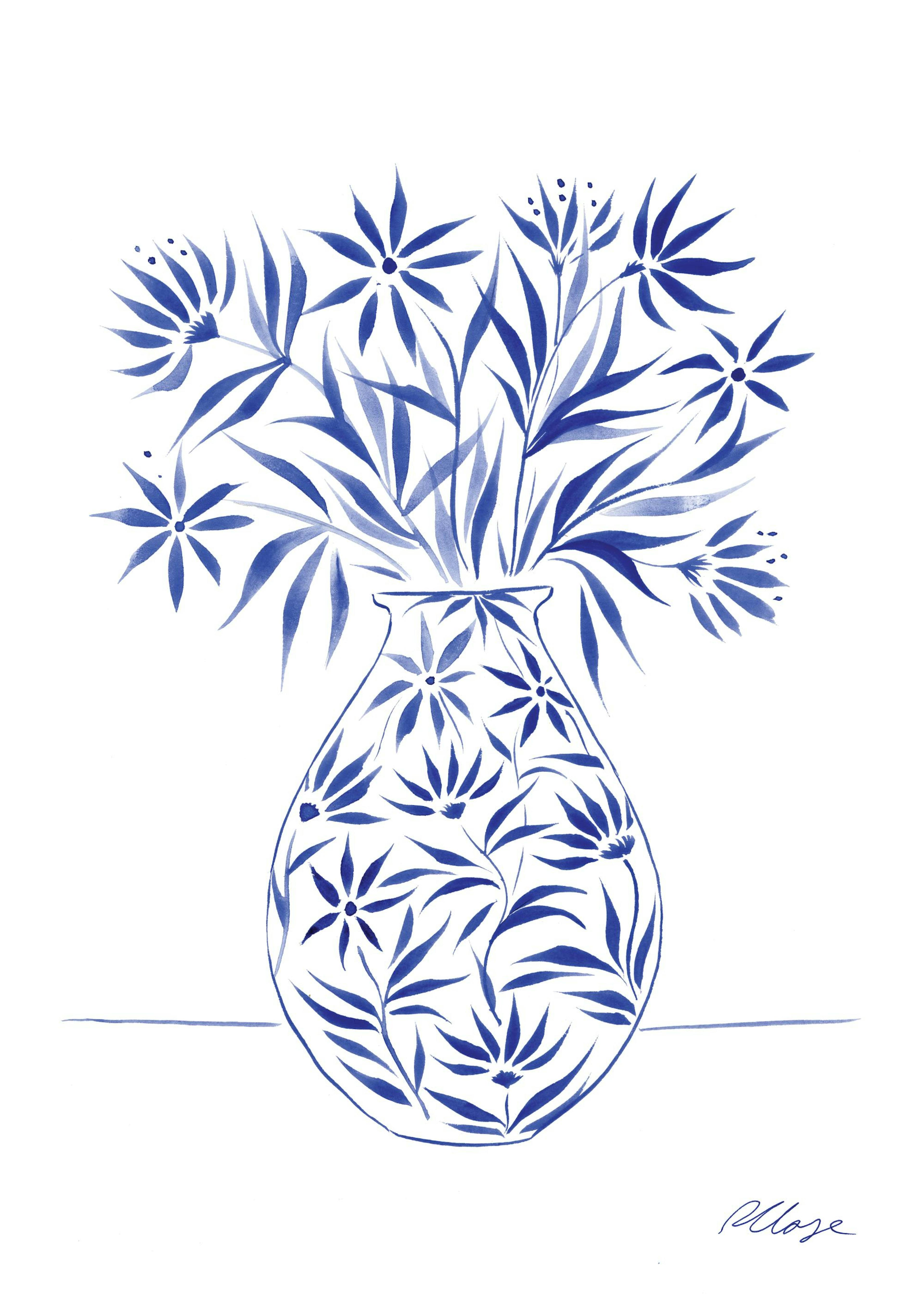 Minimalistischer Blumenstrauß in Vase, ganz in Blau auf weißem Hintergrund, mit botanischem Muster. Rosanna Corfe Poster.