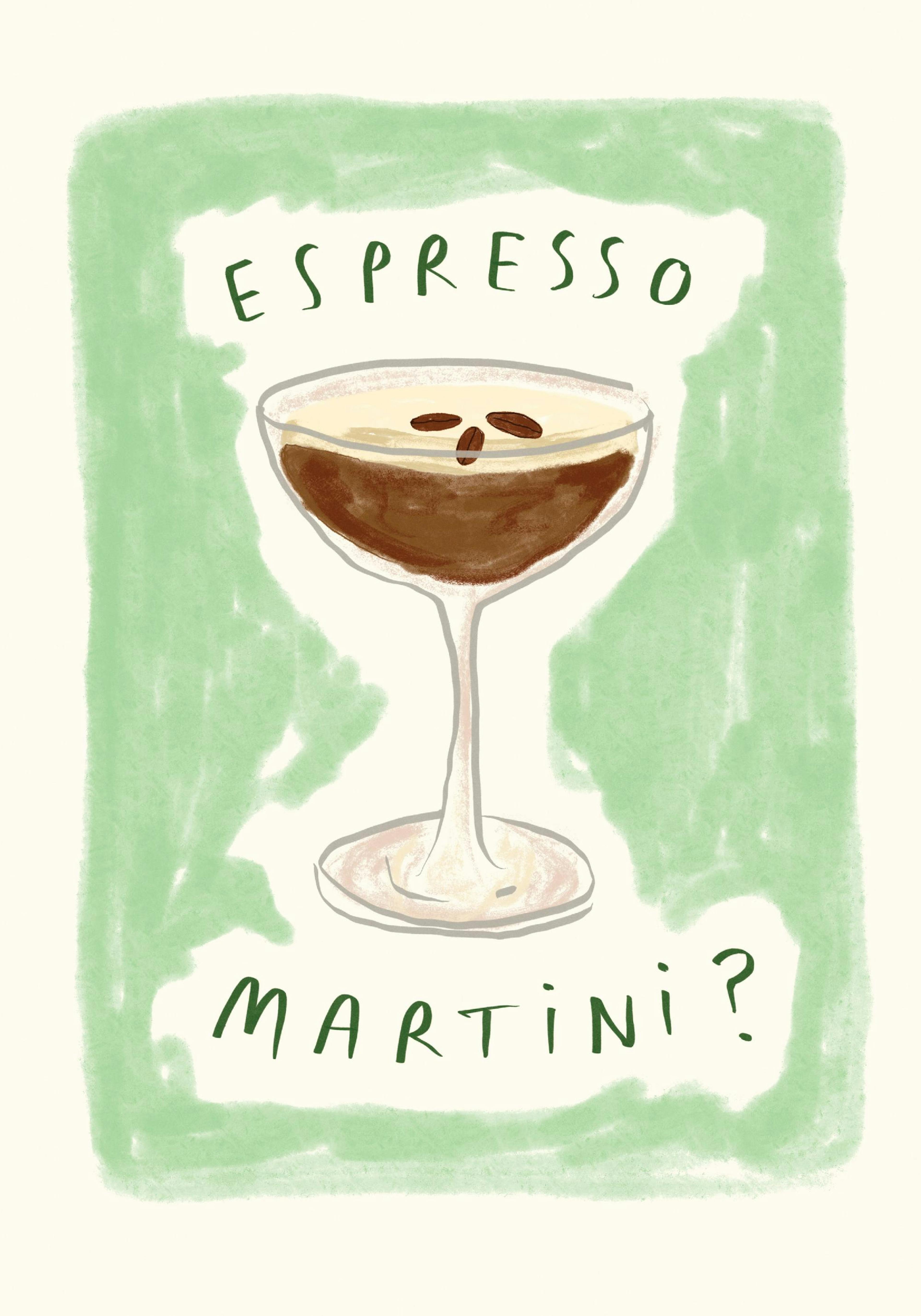 Espresso Martini illustration poster print by Lauren Emmett. Brown martini glass on a light green background.
