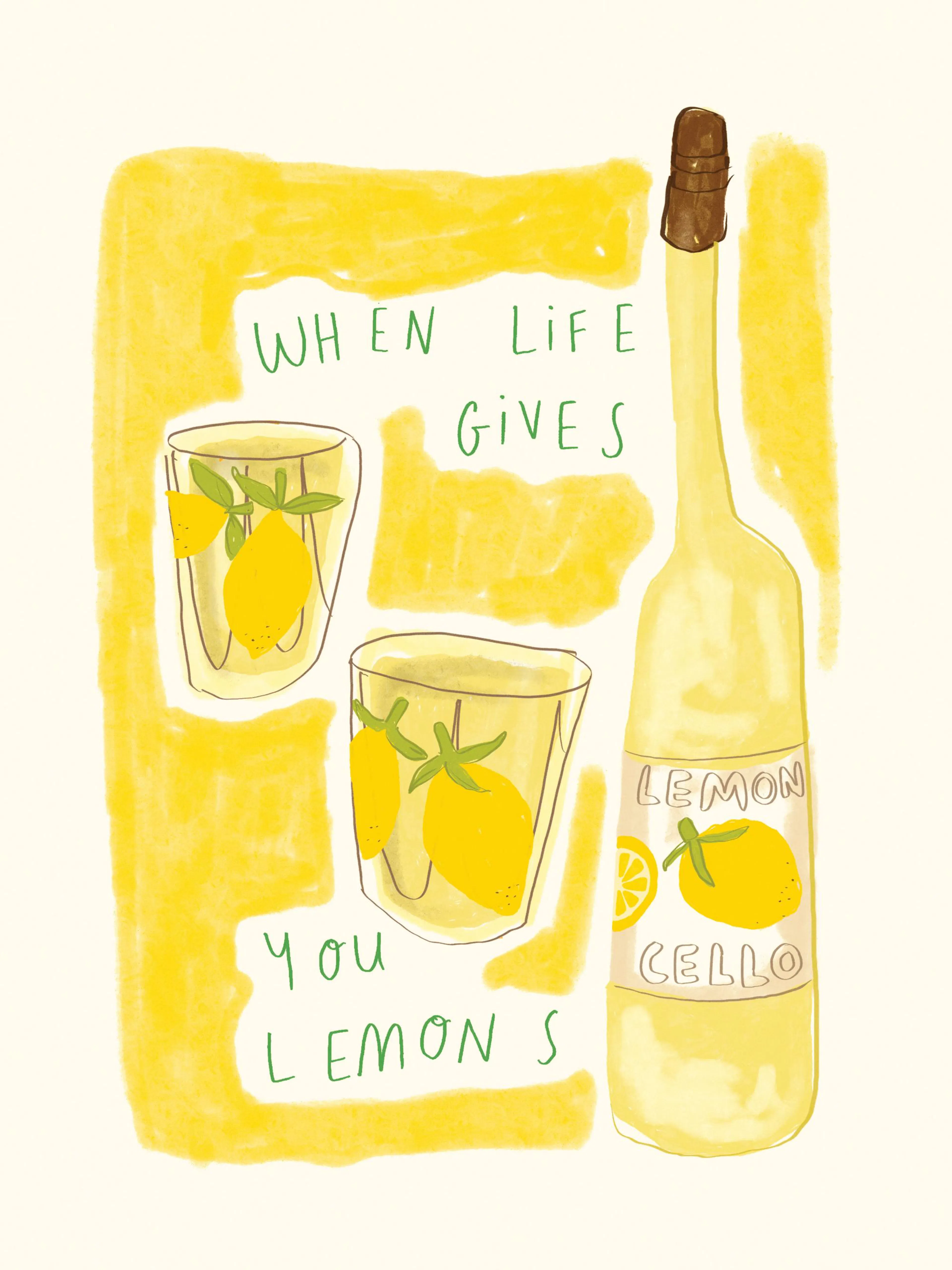 Handgemaltes Poster mit Limoncello Flasche, zwei Gläsern mit Zitronen und Spruch When life gives you lemons in Gelb.