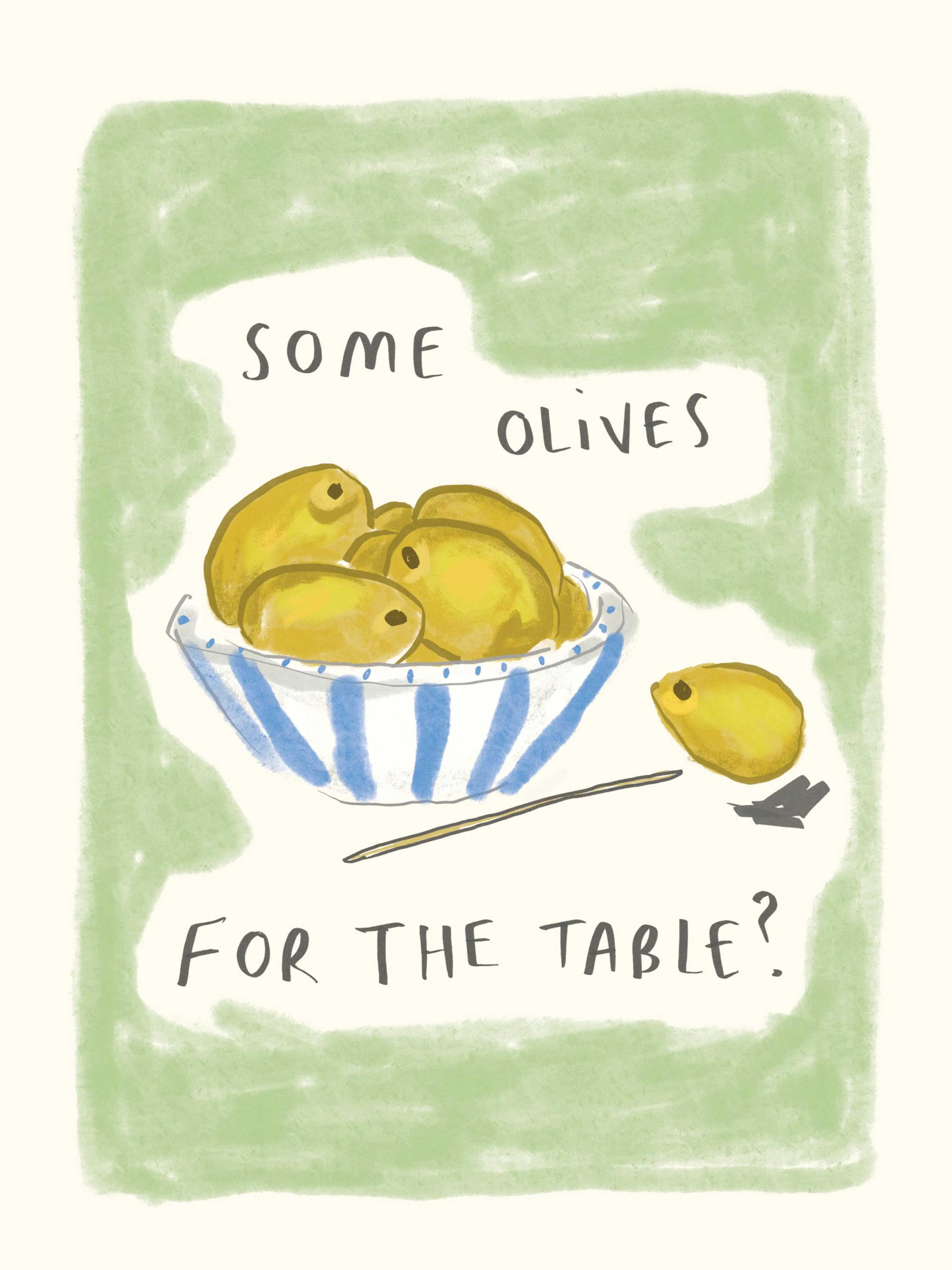 Hand-painted green olives in a blue striped bowl, with text Some olives for the table?. Kitchen wall art by Lauren Emmett.