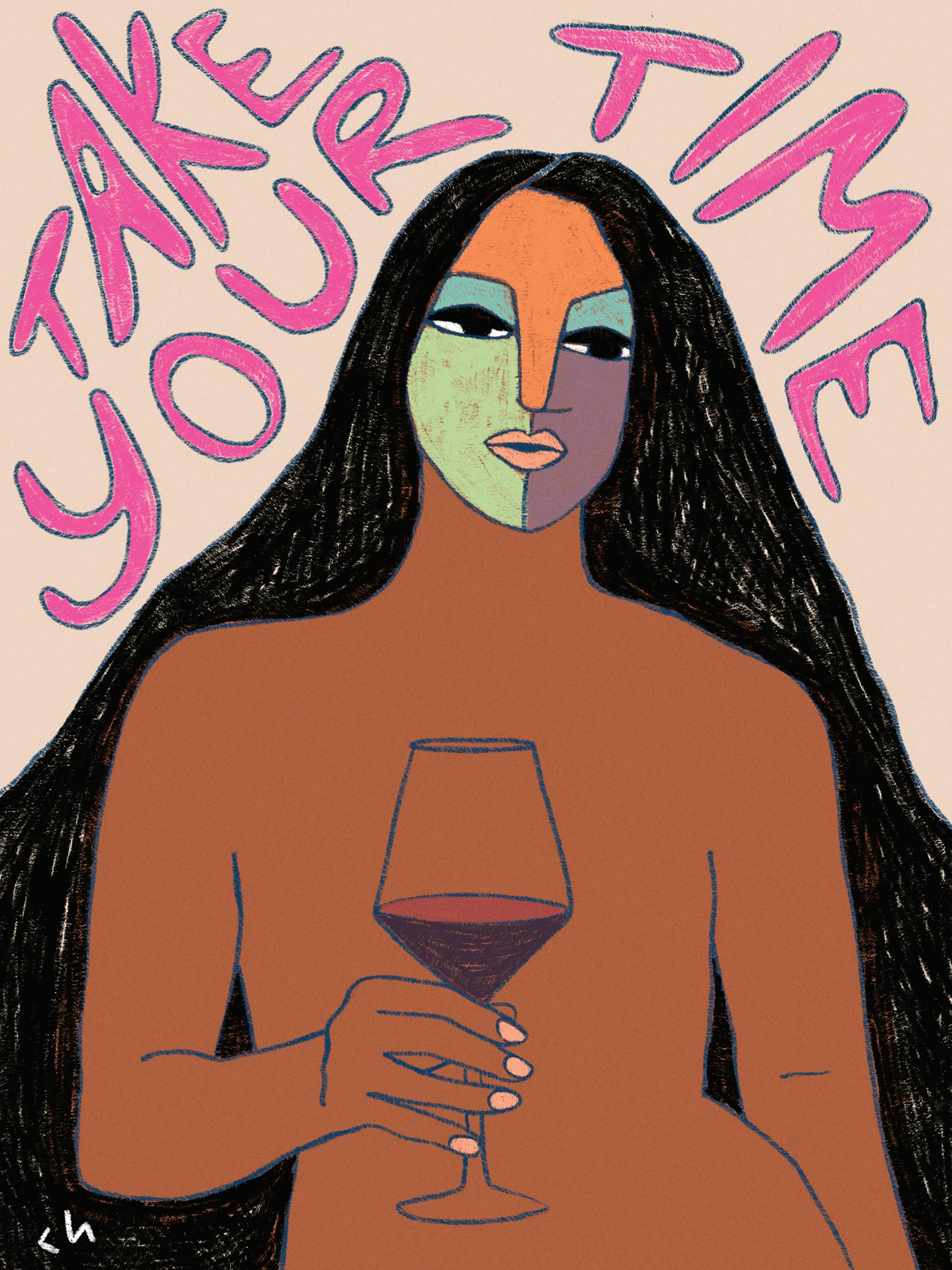 ピンクの背景と「TAKE YOUR TIME」の文字が描かれた、ワイングラスを持つ女性の抽象的なポスター