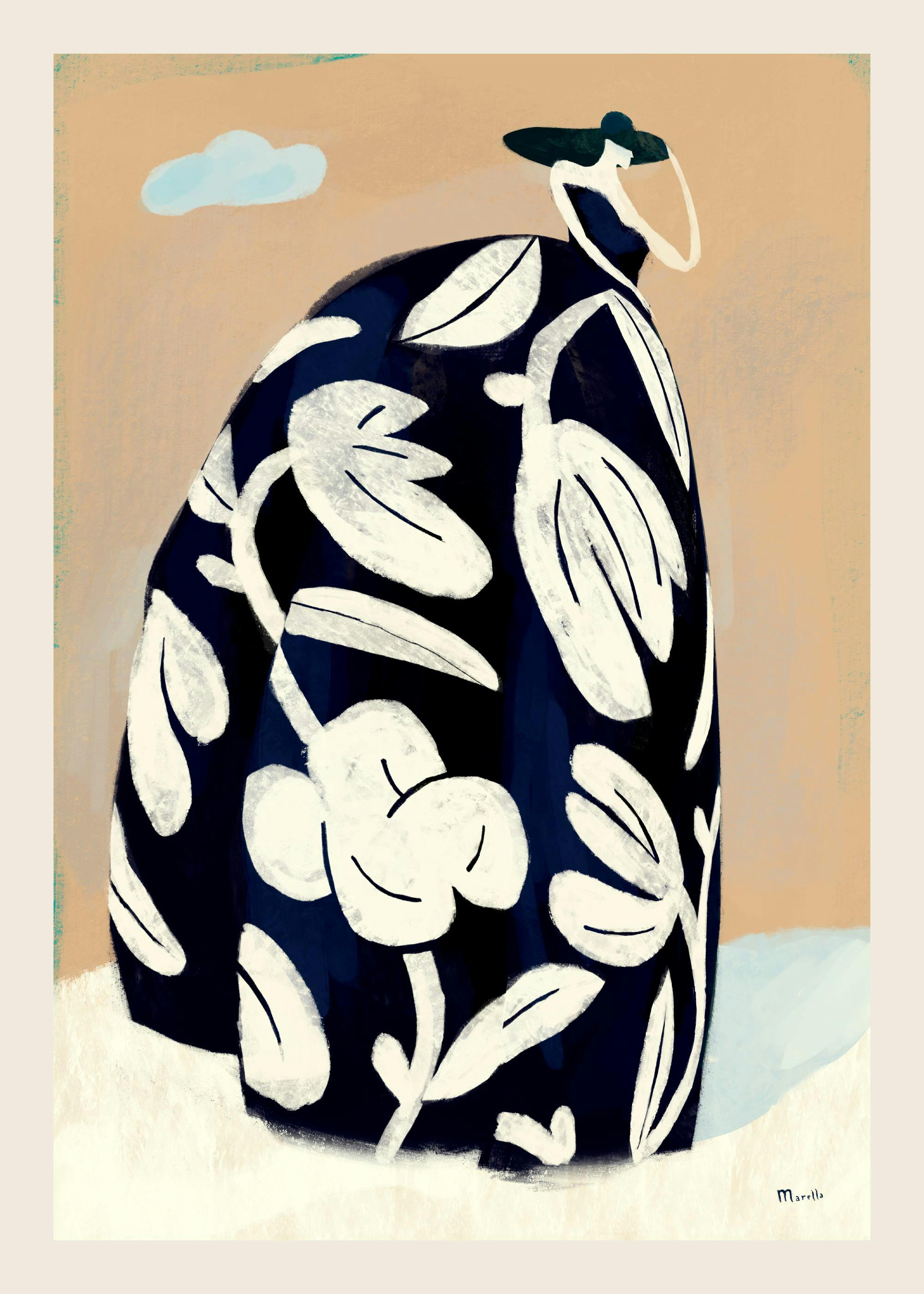 Marco Marella illustratie van vrouw in zwarte jurk met witte bloemen, lichtbruine achtergrond