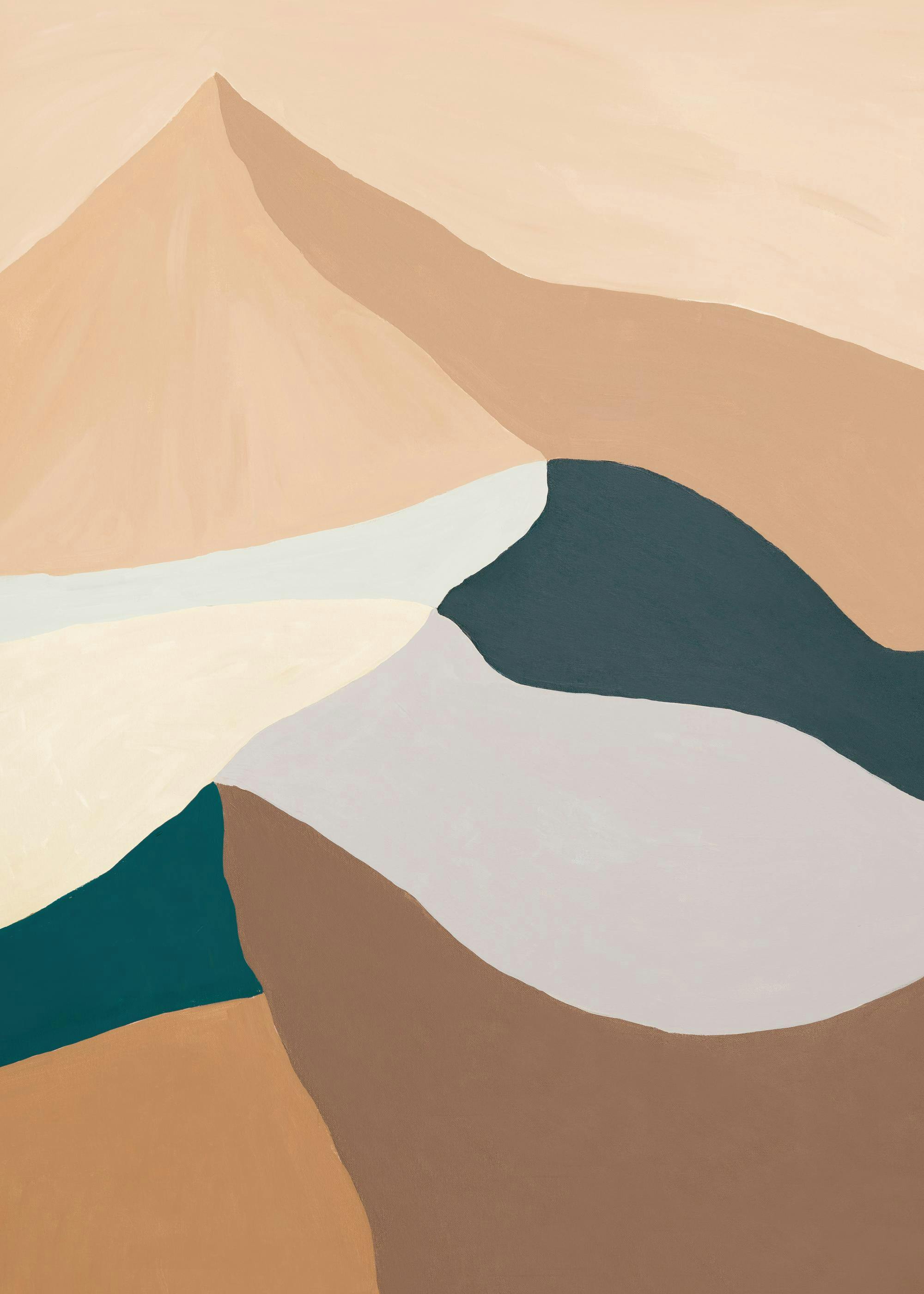 Abstract mountain landscape print with brown, beige, white, and green shapes, resembling mountains and valleys.