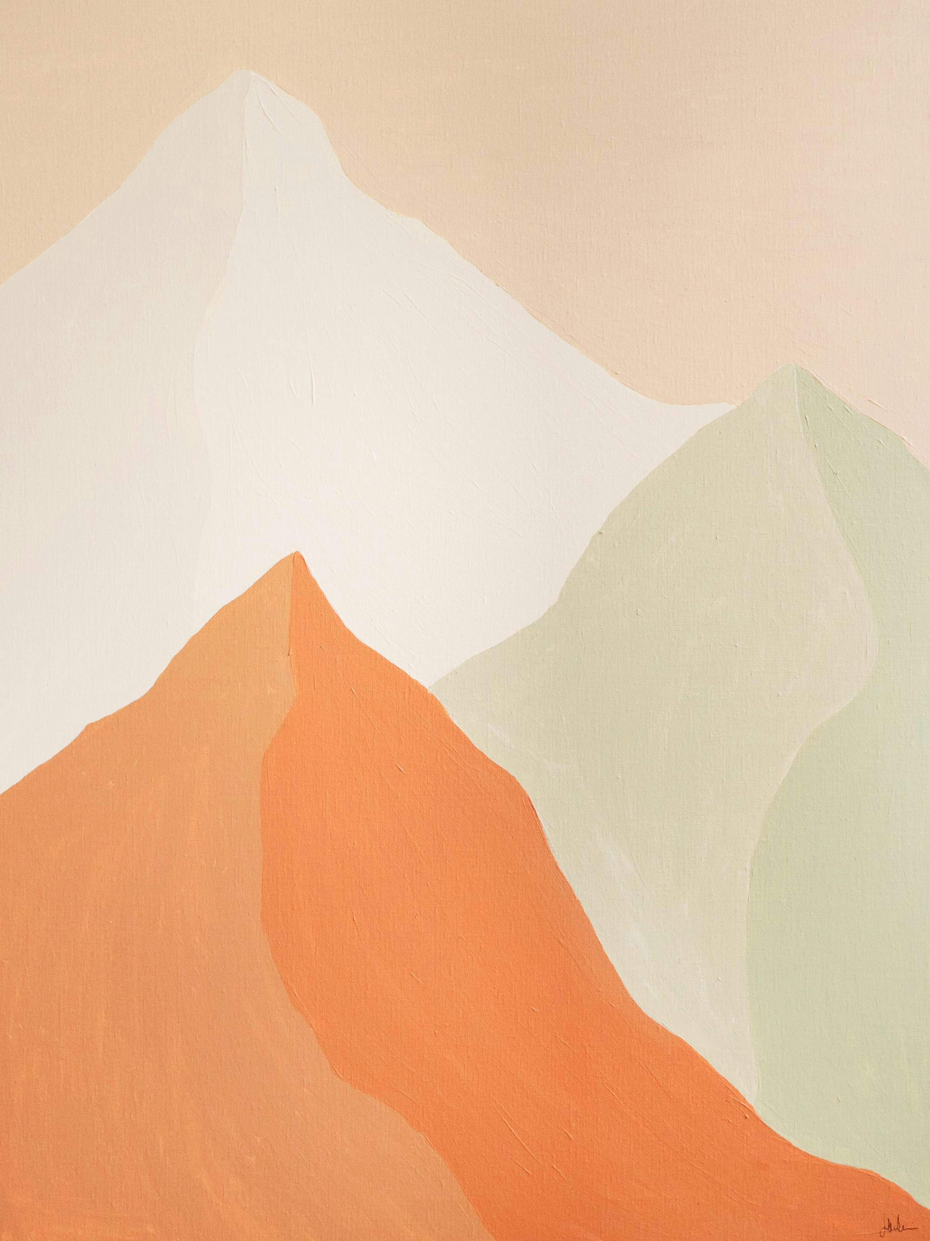 Abstraktes Poster mit drei stilisierten Bergen in Weiß, Orange, Blassgrün auf pfirsichfarbenem Hintergrund, signiert.