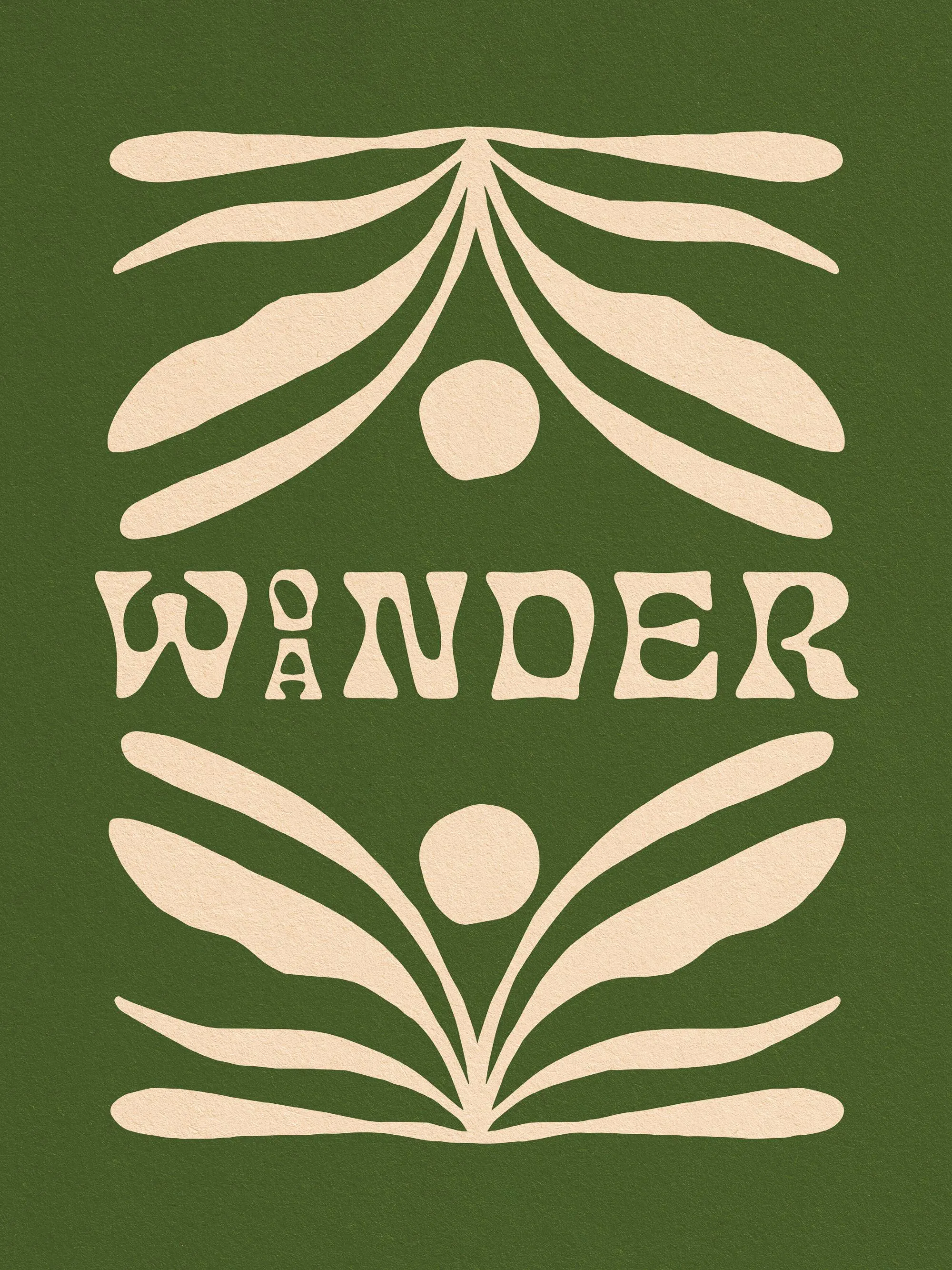 Abstracte olijfgroene poster met crème bladvormen, cirkels en het woord Woander in het midden.