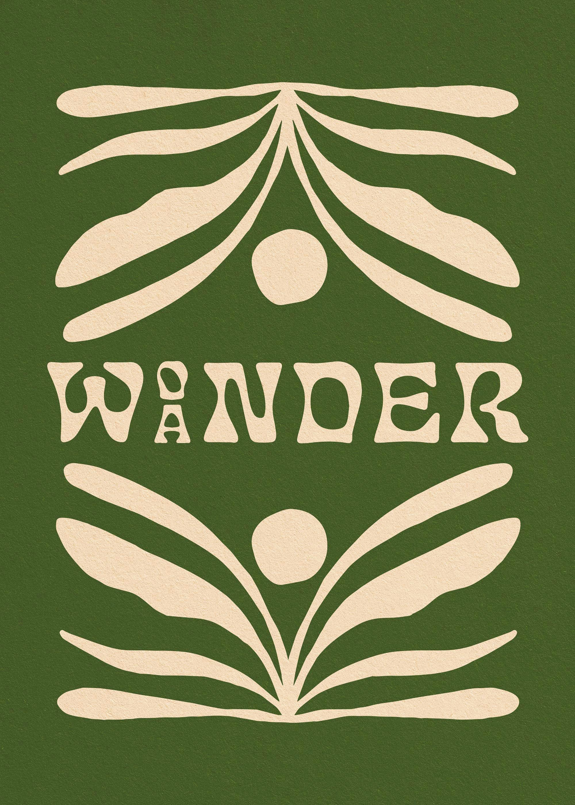 Póster Olive Woander com formas abstratas de folhas e círculos creme sobre fundo verde. Design de arte moderna.