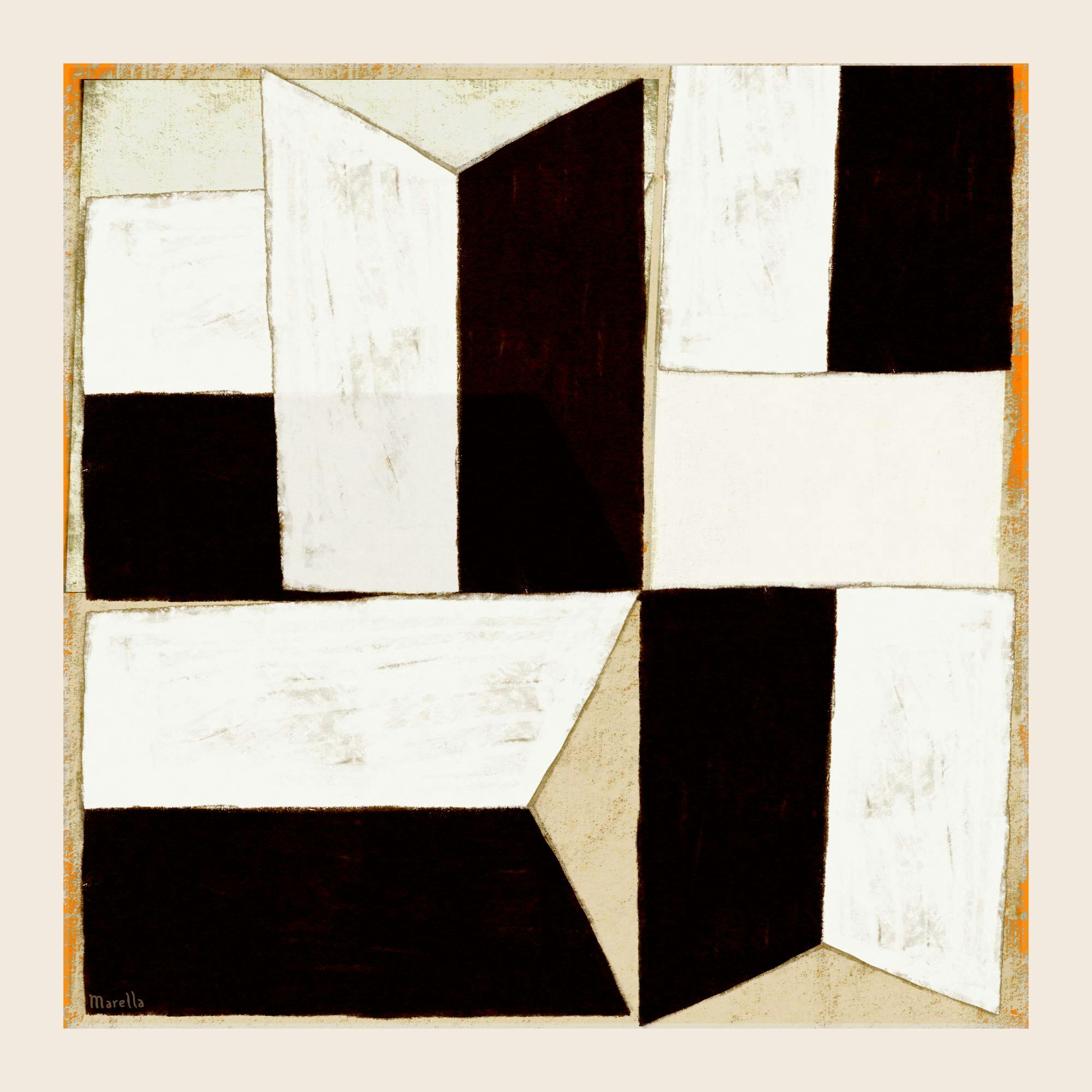 Geometrisk poster av Marco Marella med svarta, vita och beiga former, ett modernt konstverk för tavelväggen.