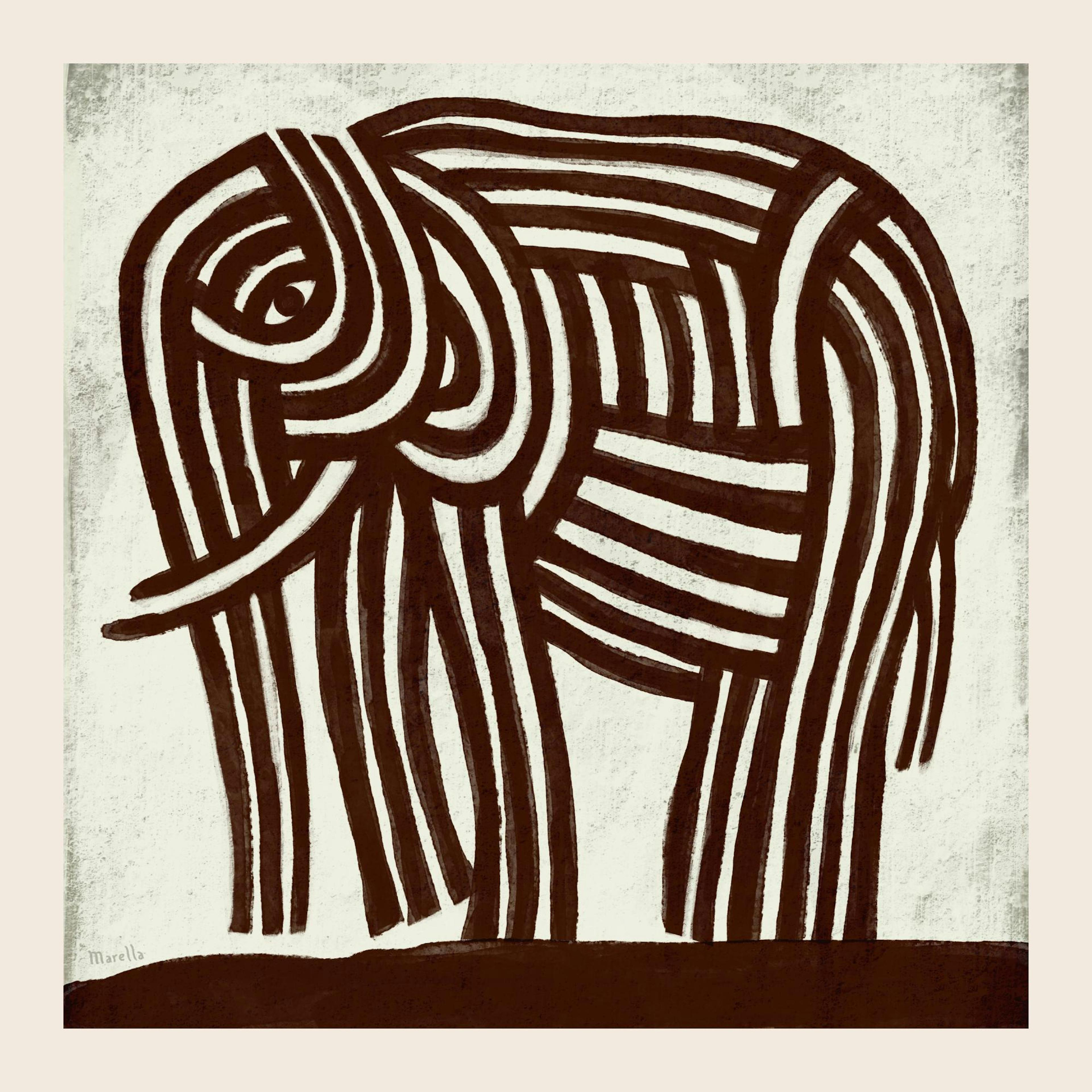 Stilisiertes Elefanten-Poster von Marco Marella, dunkelbraune Linien auf weißem Hintergrund, gestreiftes Muster, Wandkunst.