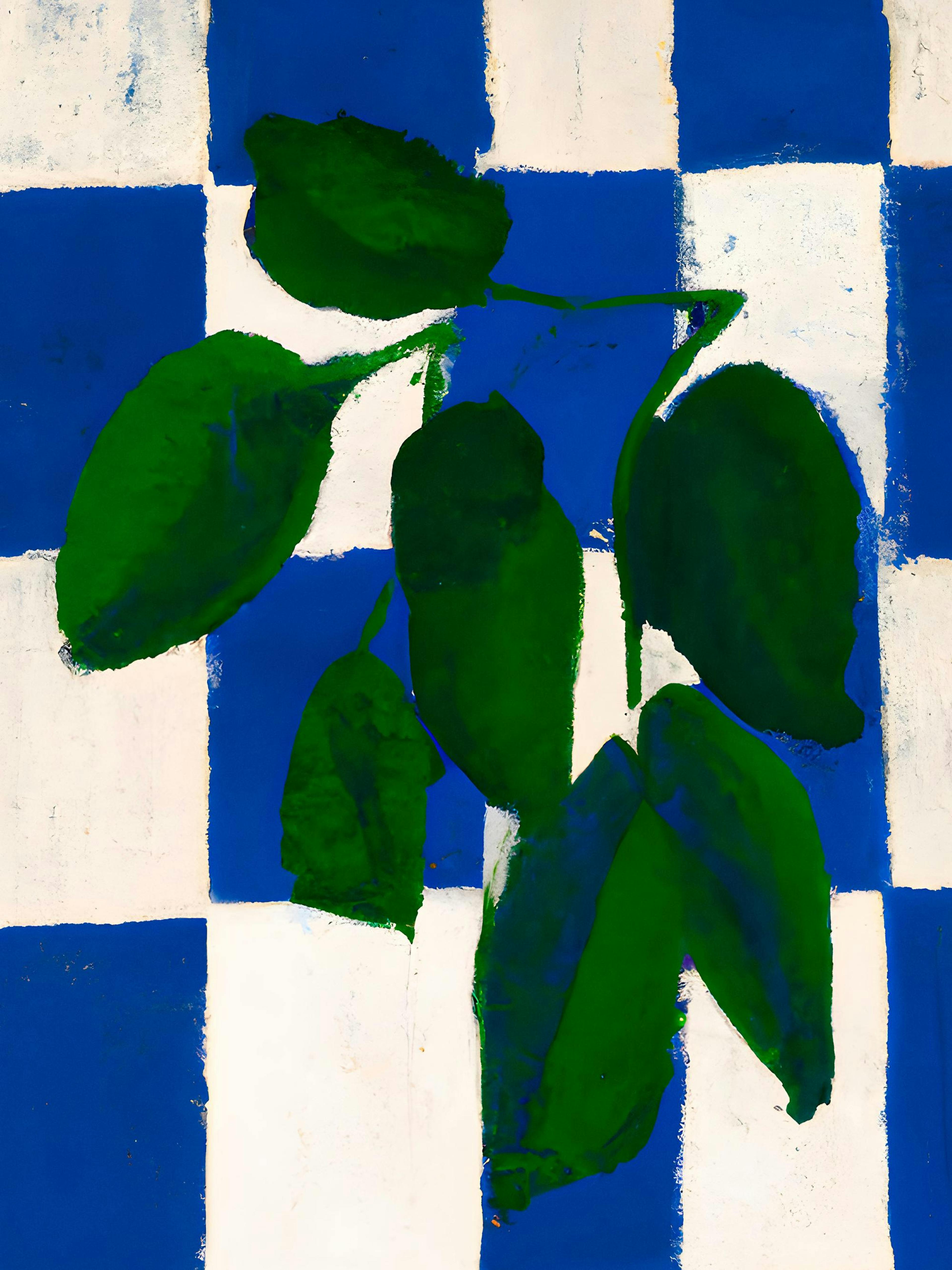 Poster mit grünen Blättern auf einem blau-weiß karierten Hintergrund. Moderne Wandkunst von Merel Takken.
