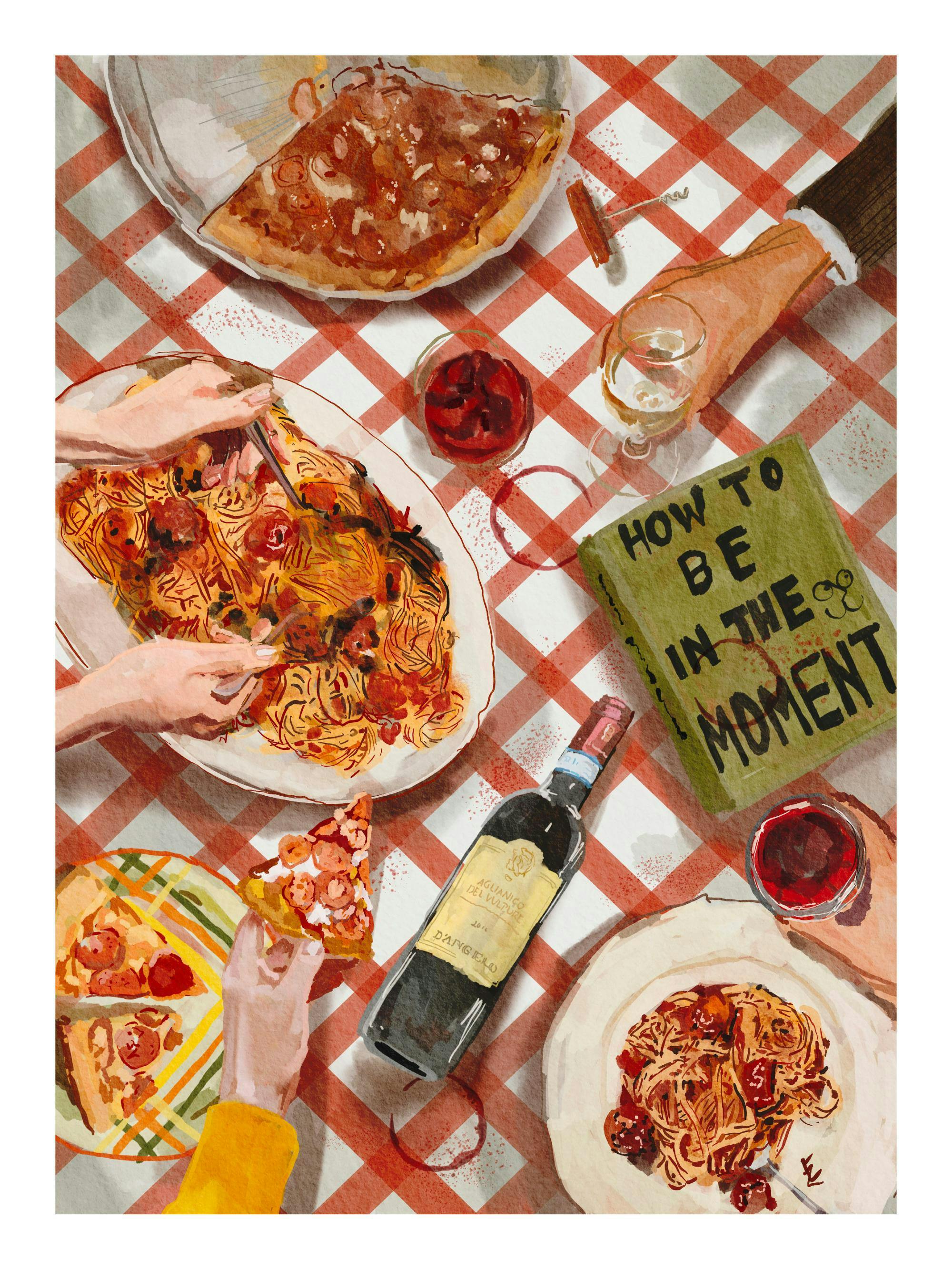 En poster som visar en dukad italiensk middag med spaghetti, pizza, vin och en bok på en röd- och vitrutig duk.