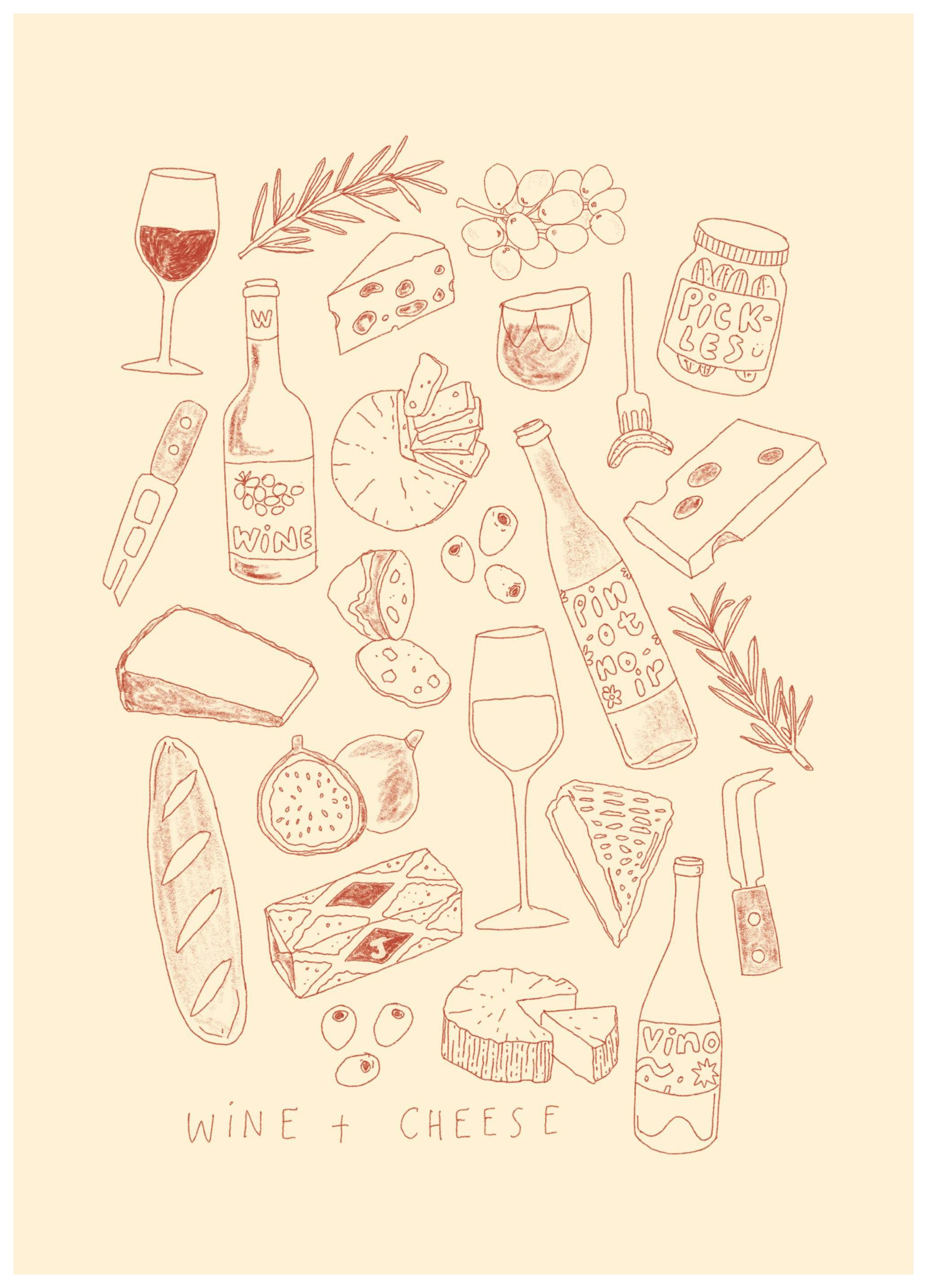 Lauren Emmett - Wine and Cheese Affiche (50x70 cm) - Lauren Emmett