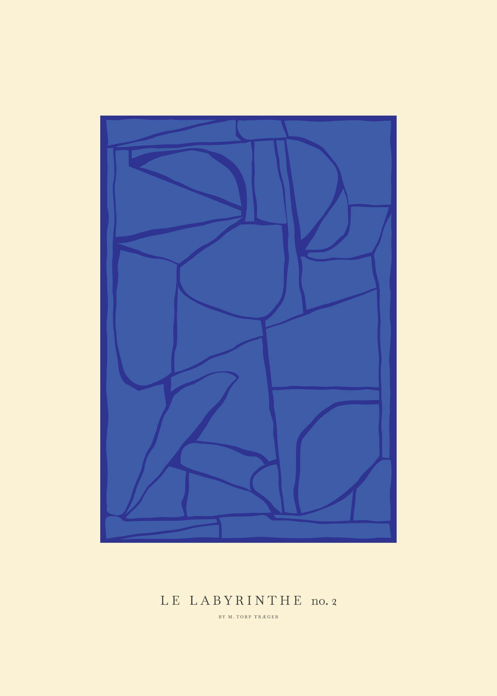 Poster com formas abstratas azuis escuras e linhas que criam um labirinto, sobre fundo claro.