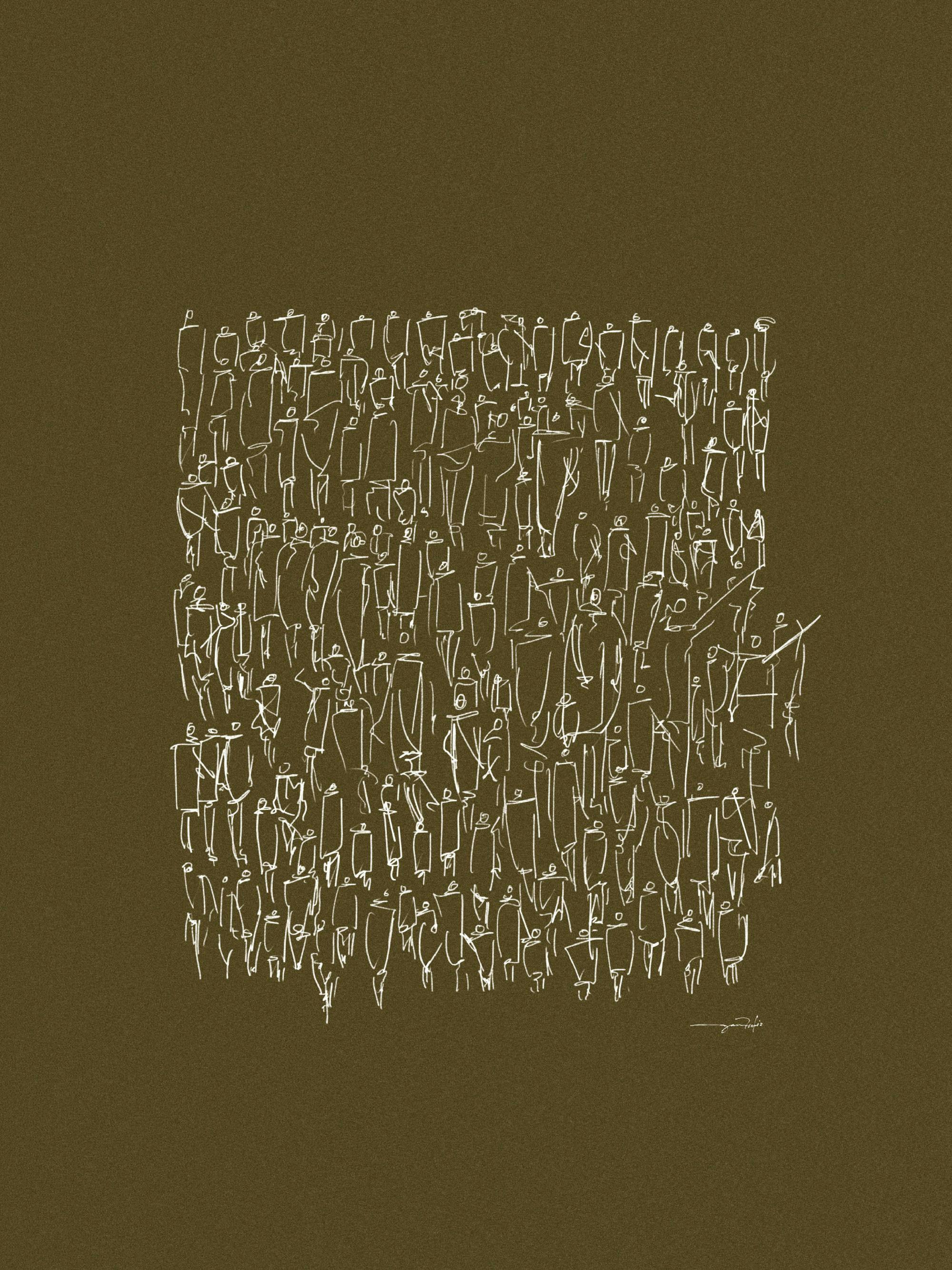 En poster med en folkmassa av stiliserade människor i vita konturer på en mörkbrun bakgrund.