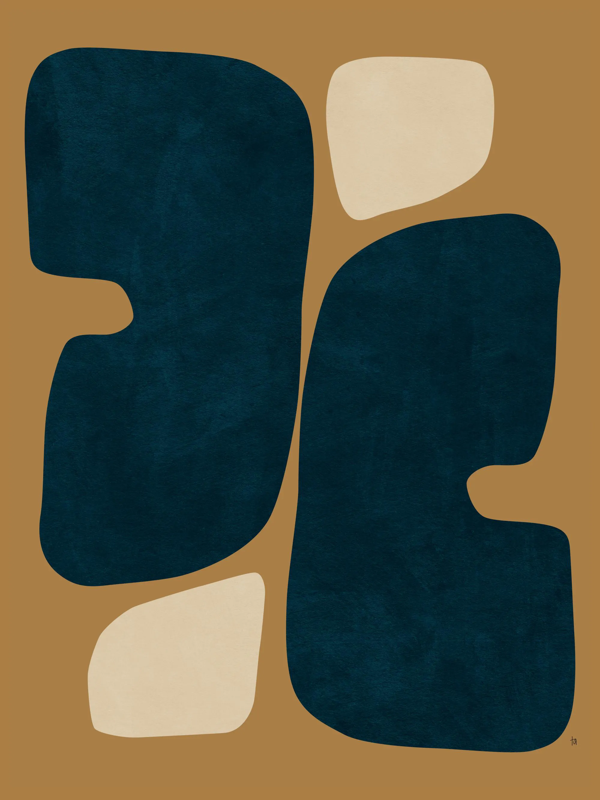 Poster mit organischen Formen in Dunkelblau und Beige auf einem warmen Ocker-Hintergrund.