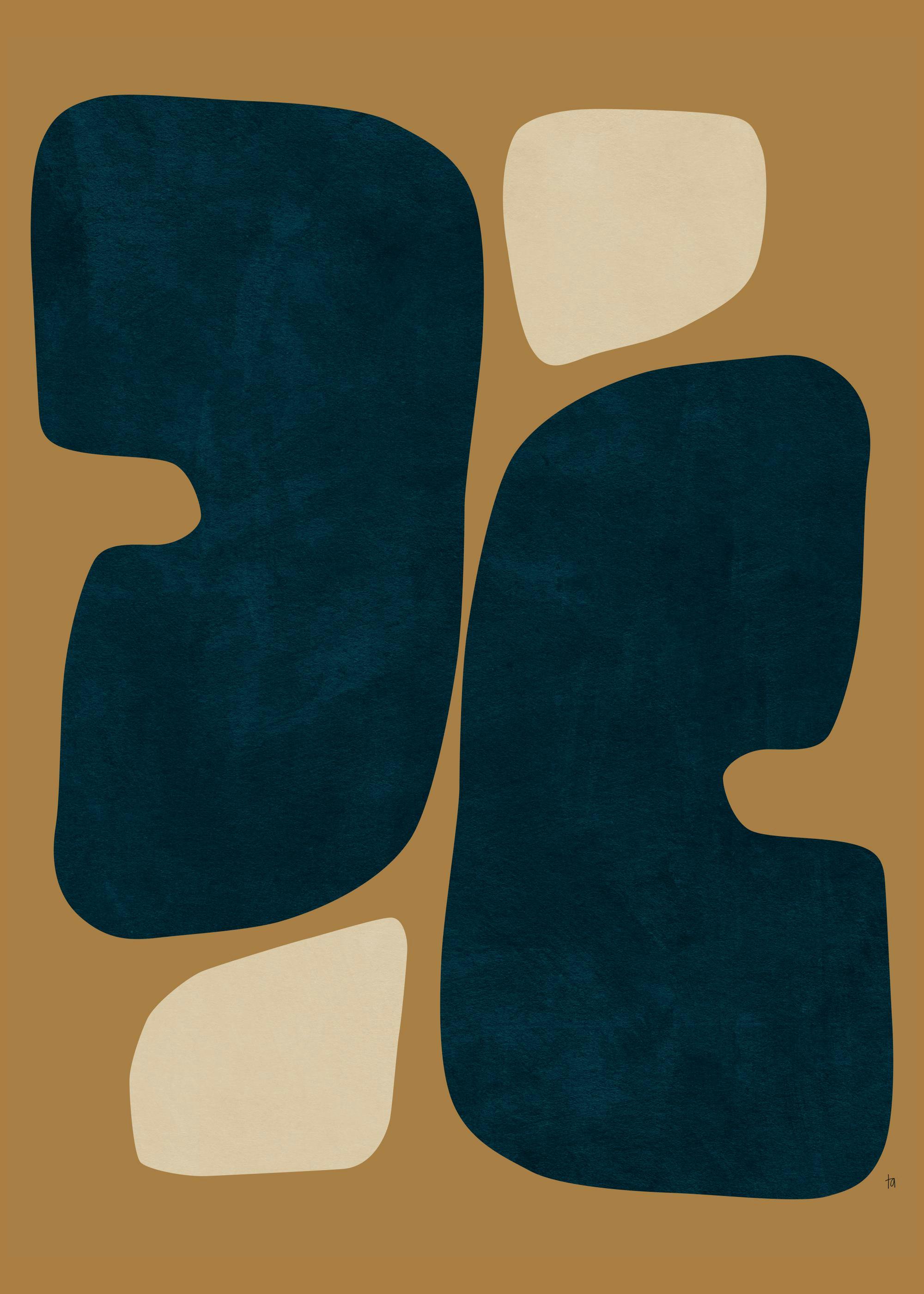 A print with dark teal and beige organic shapes on a warm brown background.