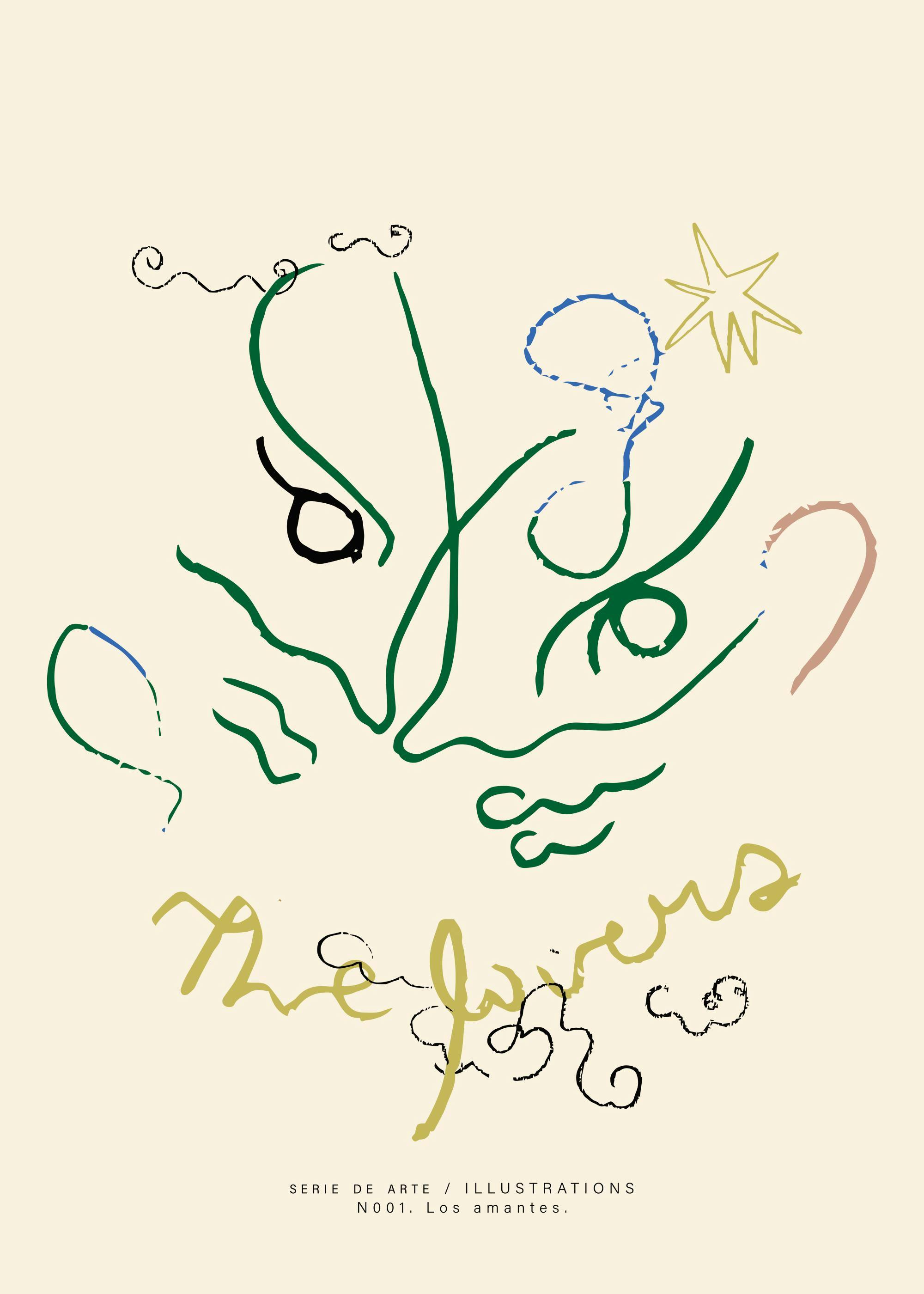 A minimalist print featuring abstract faces and shapes in green, black, blue, and beige, with The Lovers written in gold.