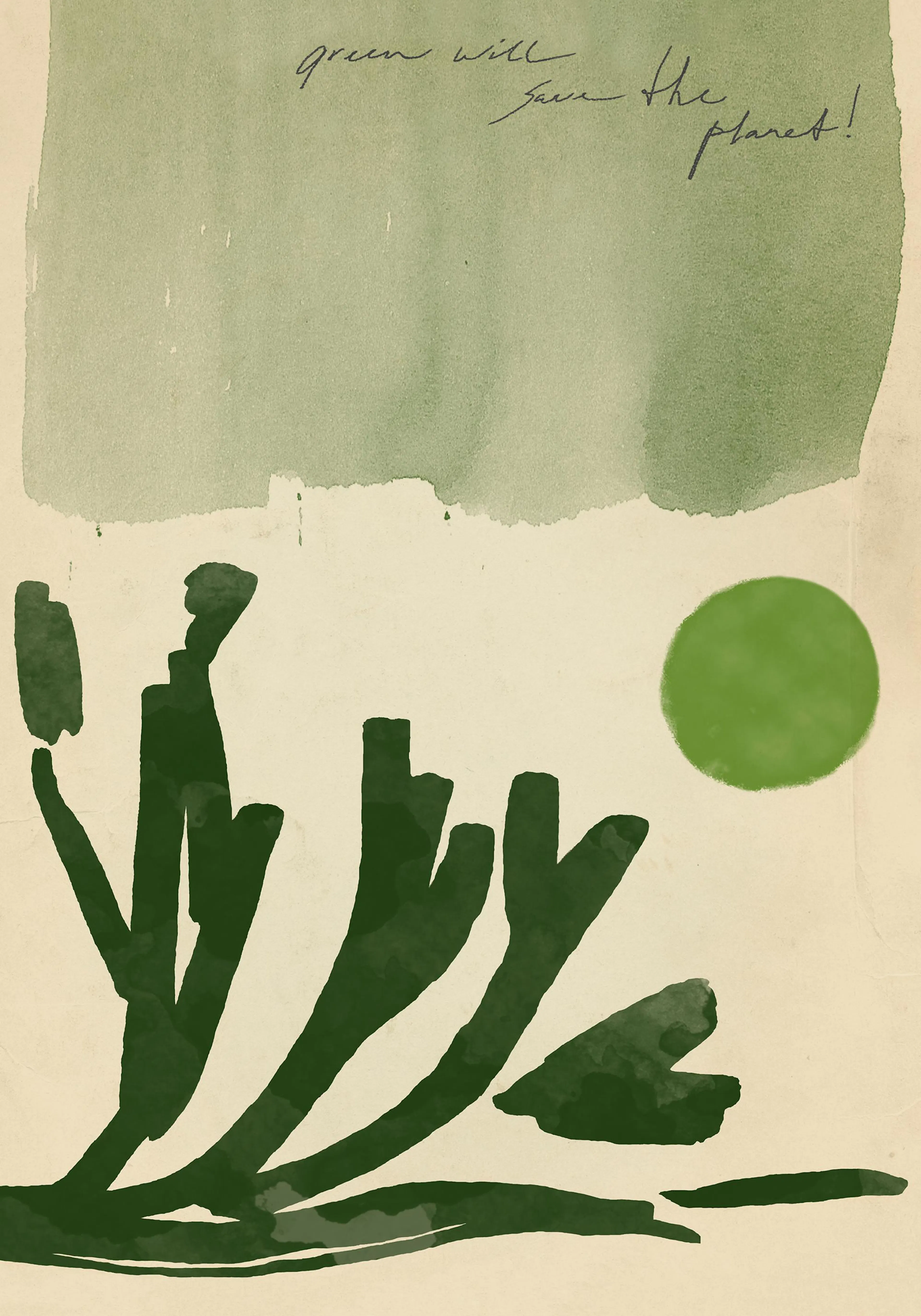 Poster mit grünen Pflanzenmotiven, einem grünen Kreis und dem Schriftzug green will save the planet auf hellem Hintergrund.