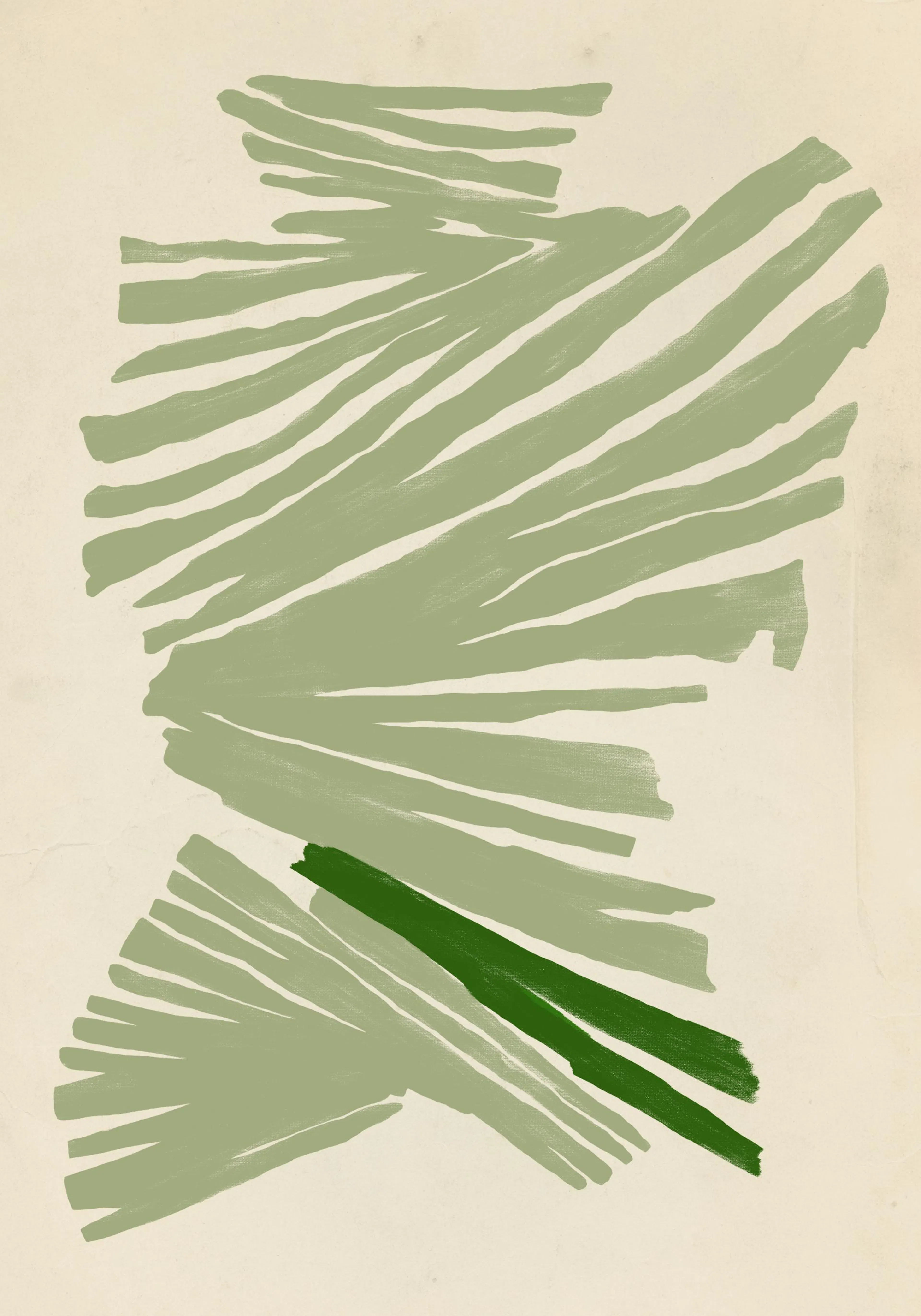 Poster mit grünen Pinselstrichen auf hellem Hintergrund, die ein Blatt darstellen.