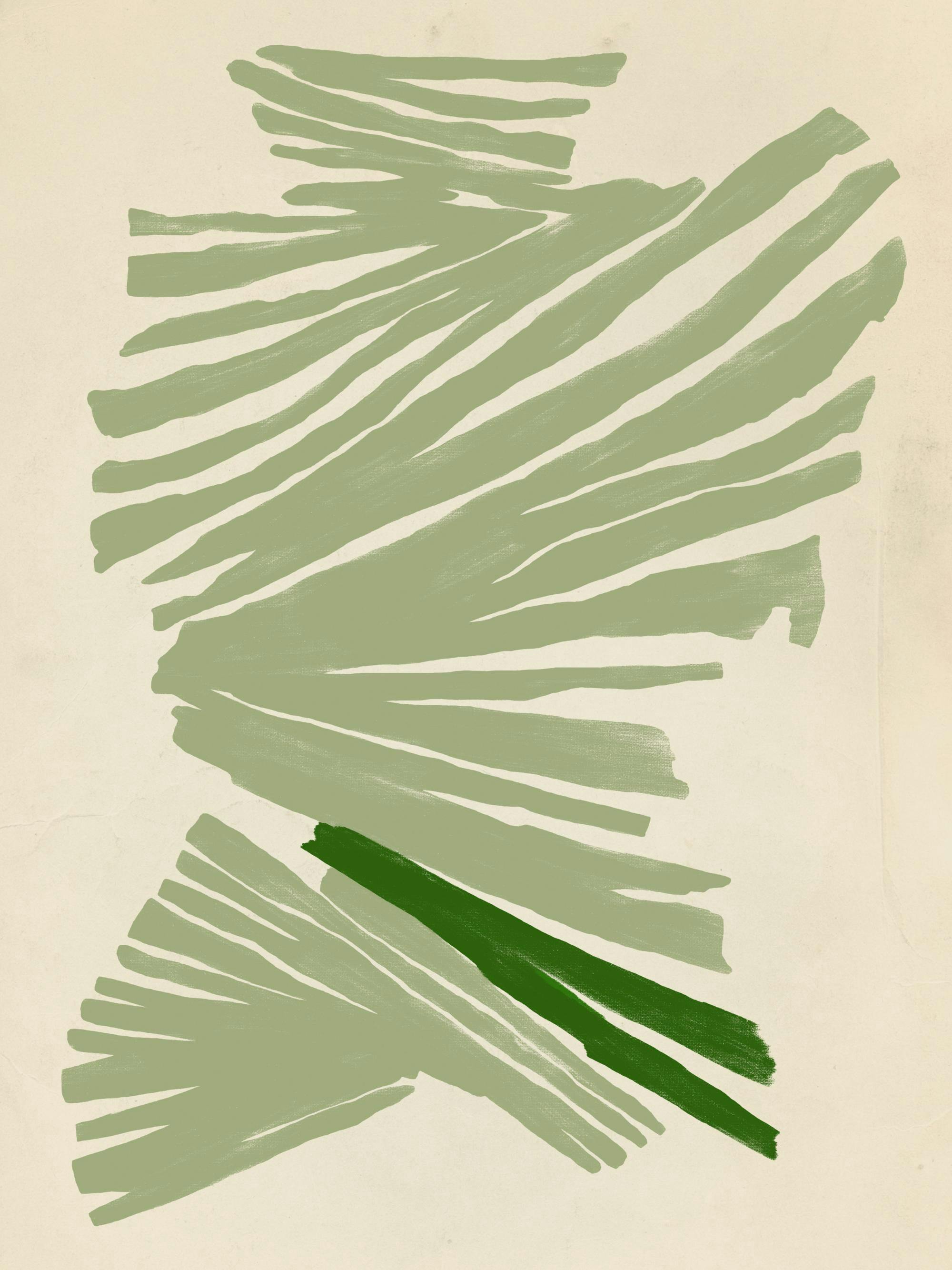 Een poster met grillige, lichtgroene en donkergroene penseelstreken op een lichte achtergrond.
