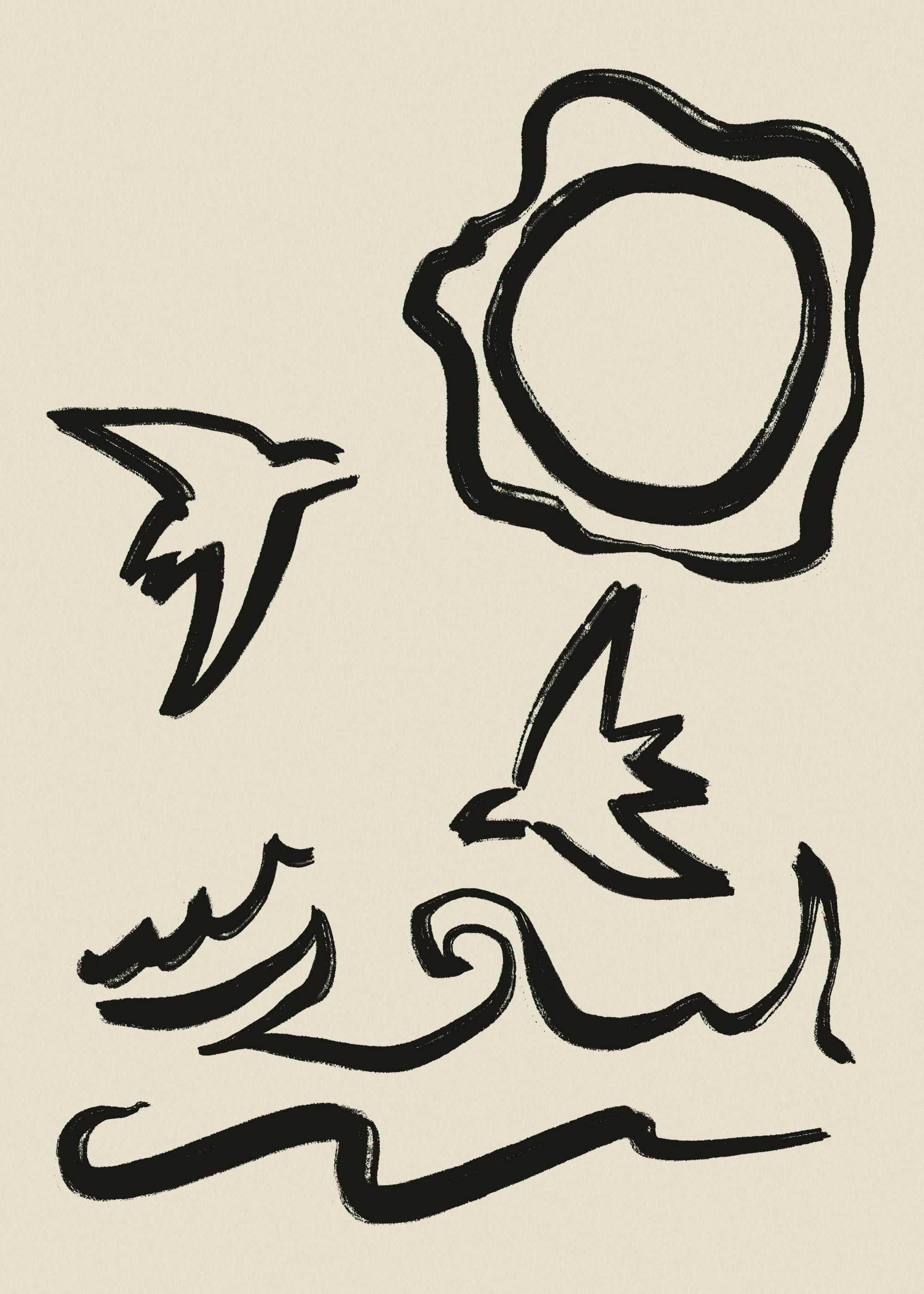 Affiche minimaliste noire et beige avec des vagues, un soleil et des oiseaux abstraits au pinceau.
