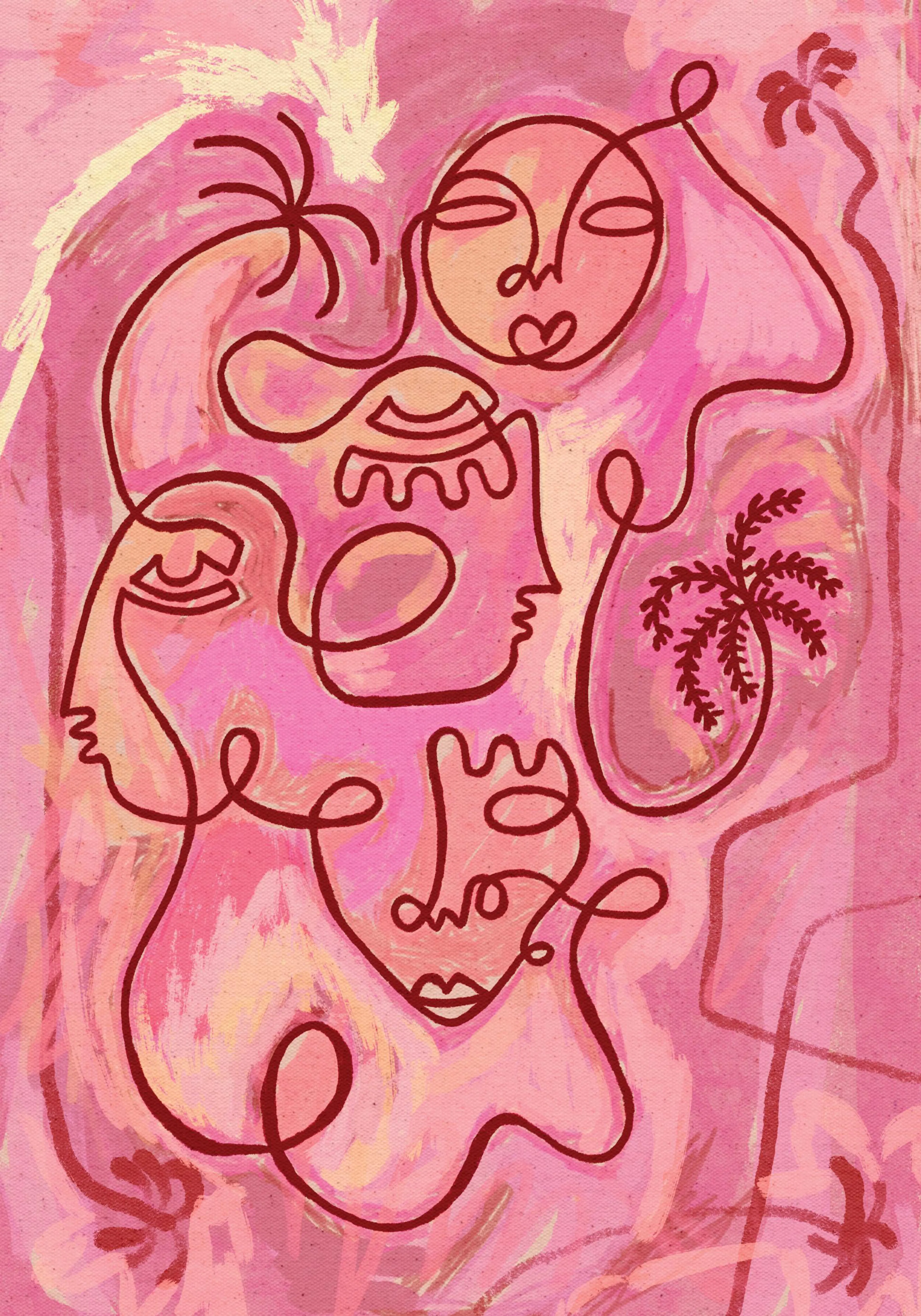 A pink and red print with abstract faces and palm trees in continuous line art style.