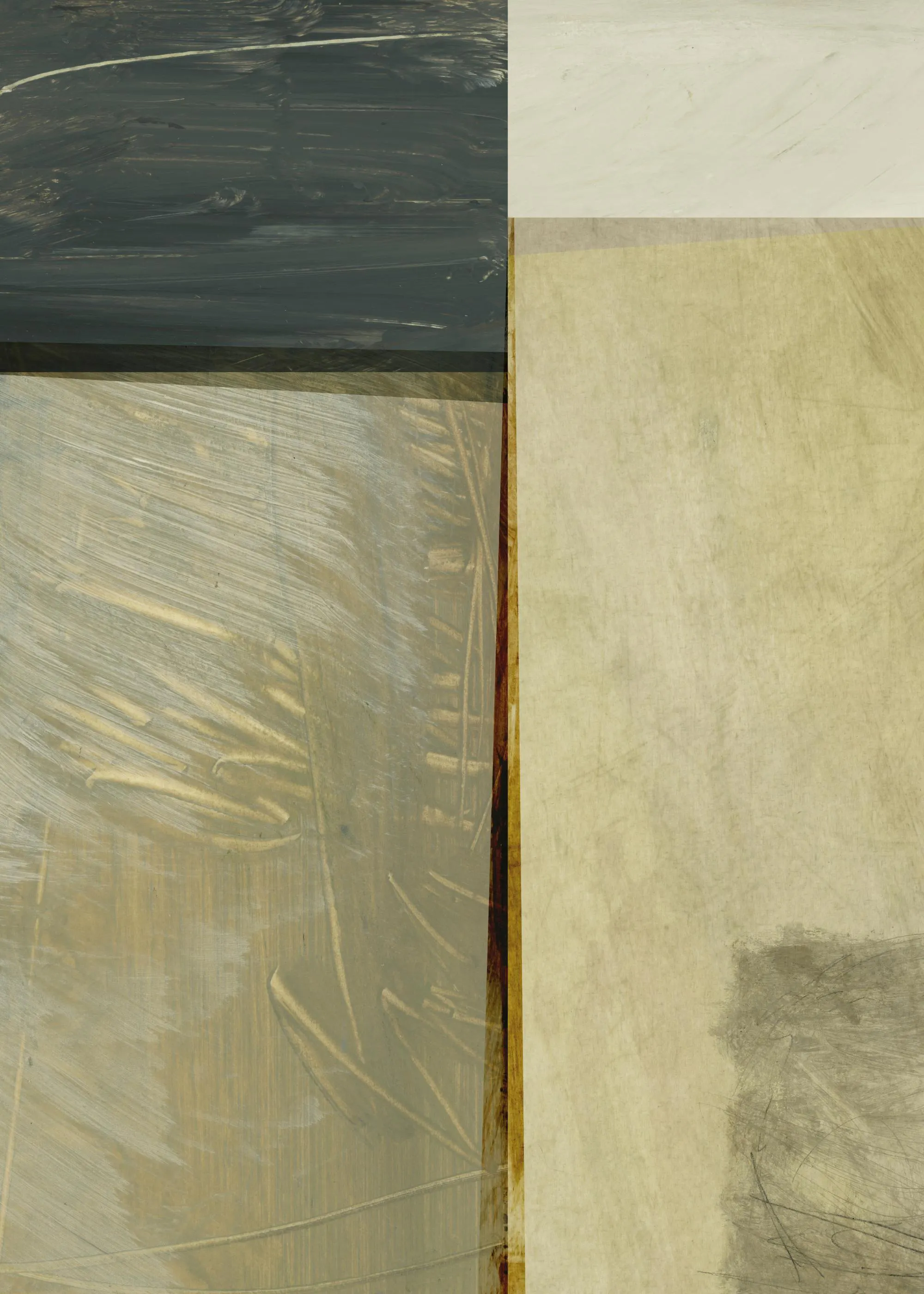 An abstract print featuring dark grey, beige, and light yellow blocks with textured brushstrokes and fine lines.