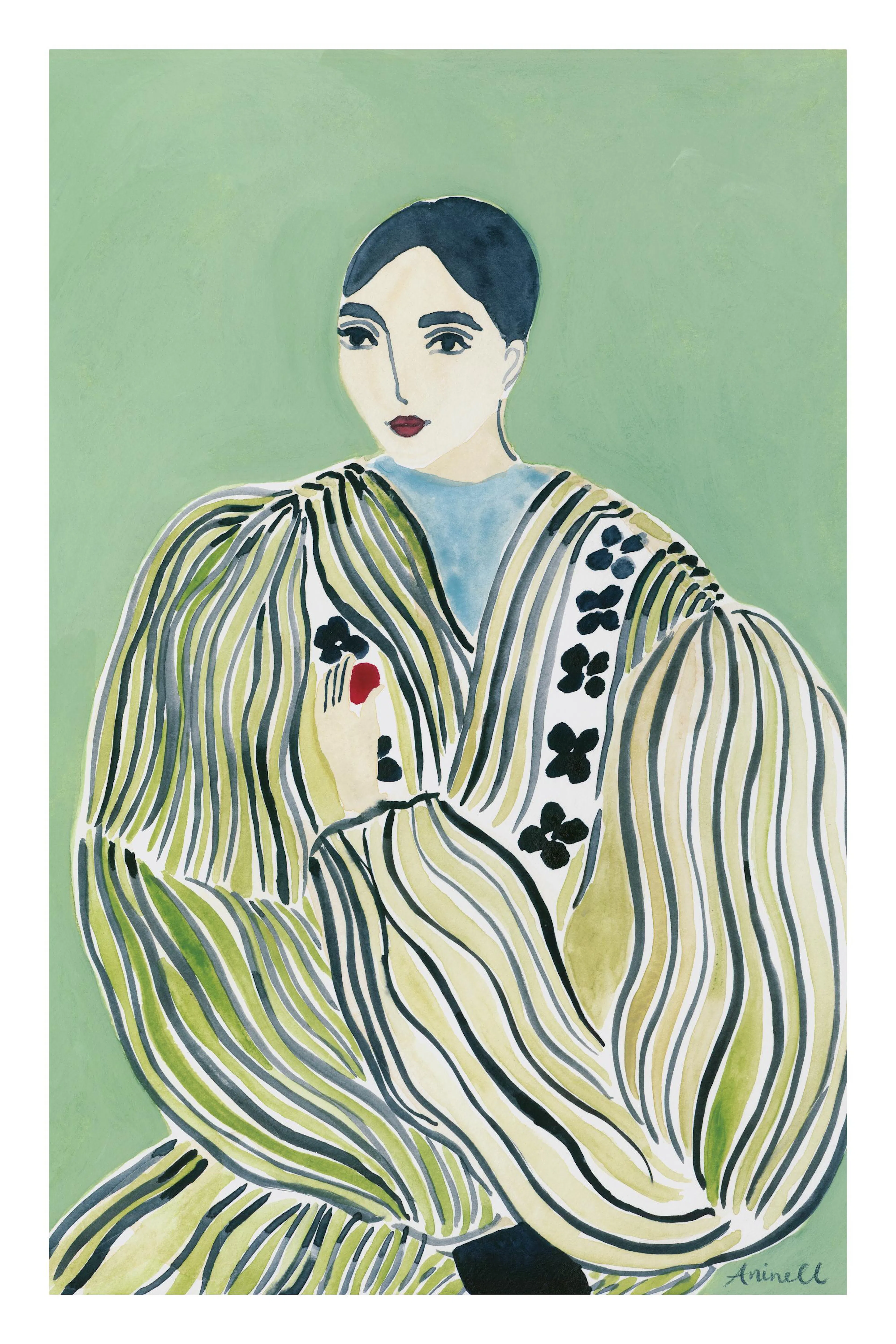 Poster: Eine Frau mit dunklem Haar und roten Lippen, bekleidet mit einem gestreiften Kimono in Grün-, Beige- und Schwarztönen, a