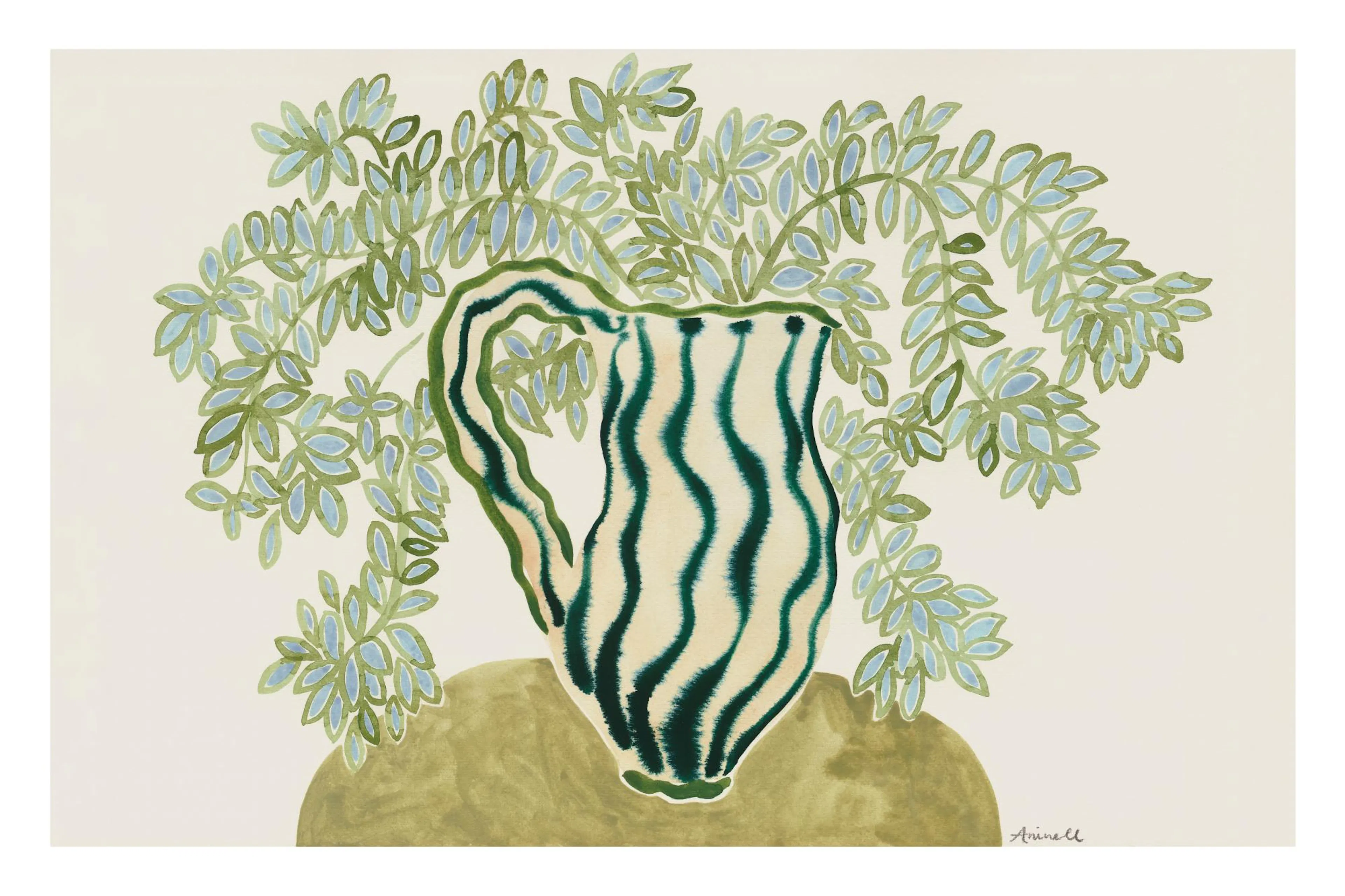 Póster de un jarrón verde y beige con rayas onduladas y follaje verde azulado en acuarela.