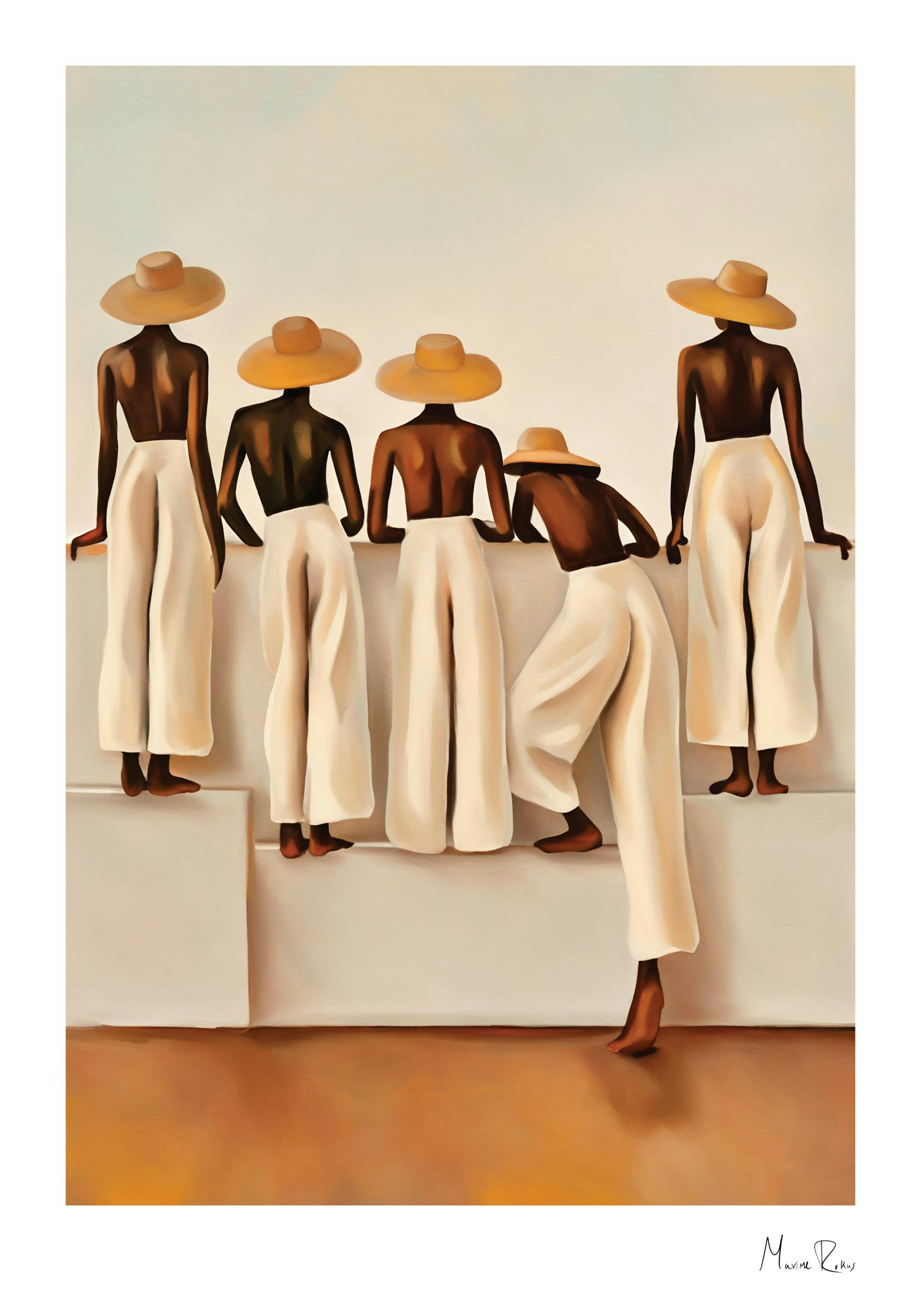 Juliste, jossa viisi naista olkihatuissa ja valkoisissa housuissa seisoo selin katsellen maisemaa.