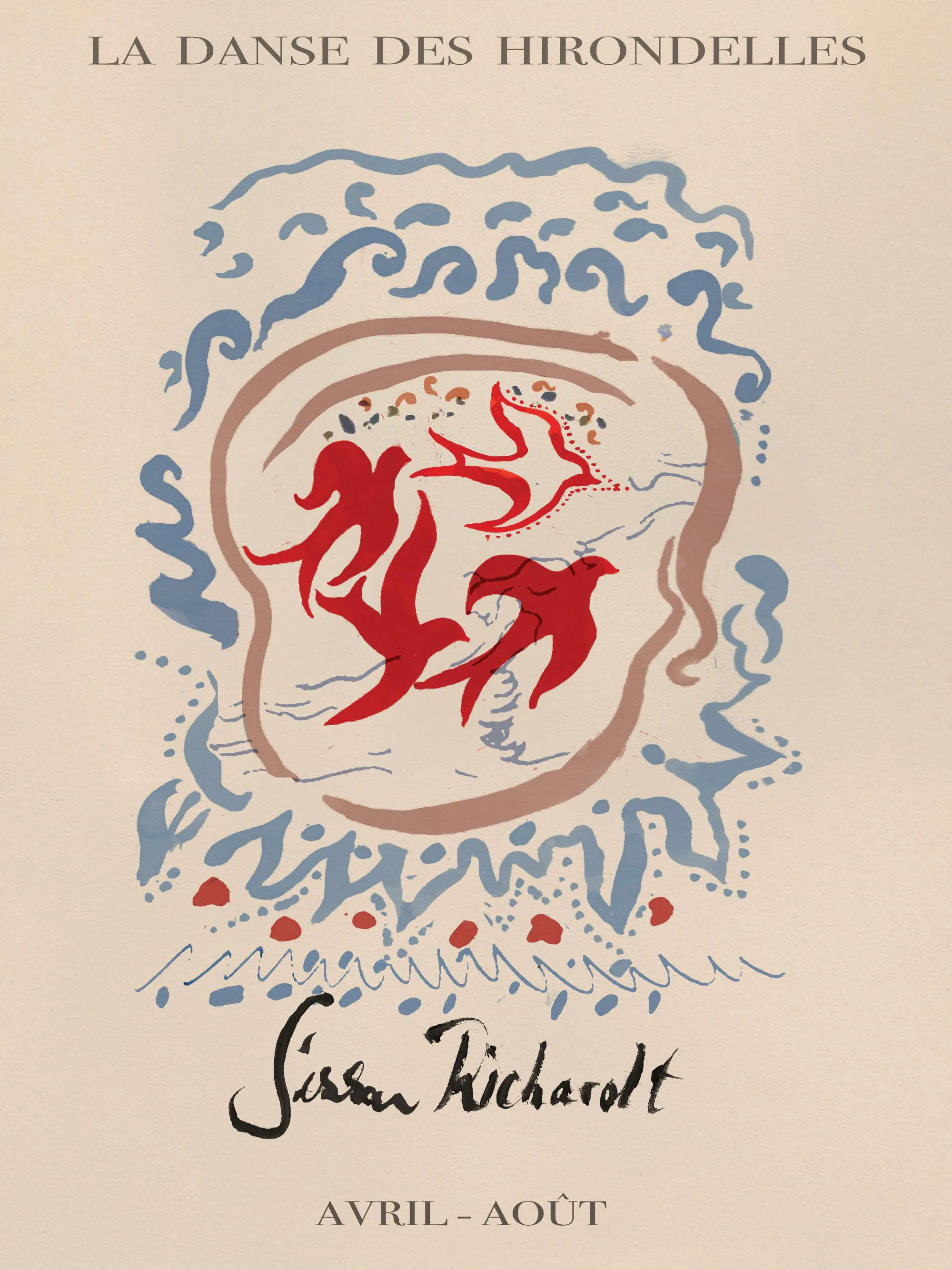 Affiche La Danse des Hirondelles de Sissan Richardt, avec des hirondelles rouges stylisées dans un cadre abstrait bleu et brun.