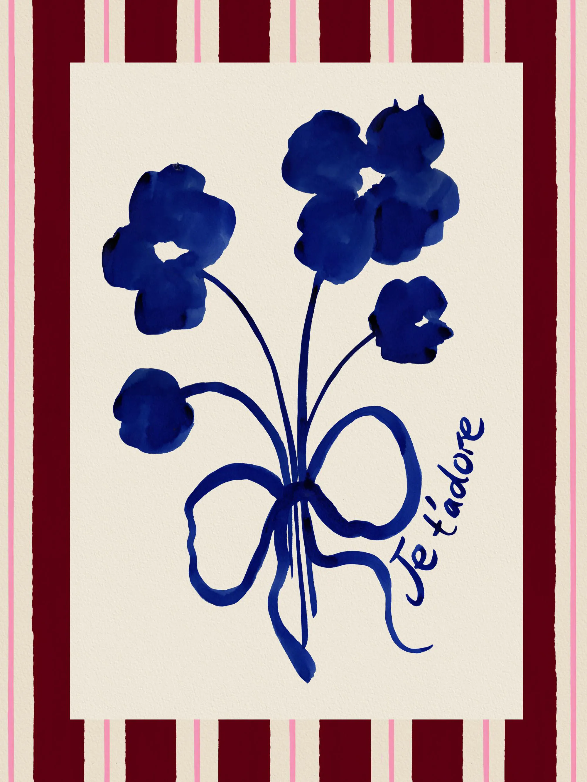Affiche avec des fleurs bleues et linscription Je tadore sur fond crème, encadrée de rayures bordeaux et roses.