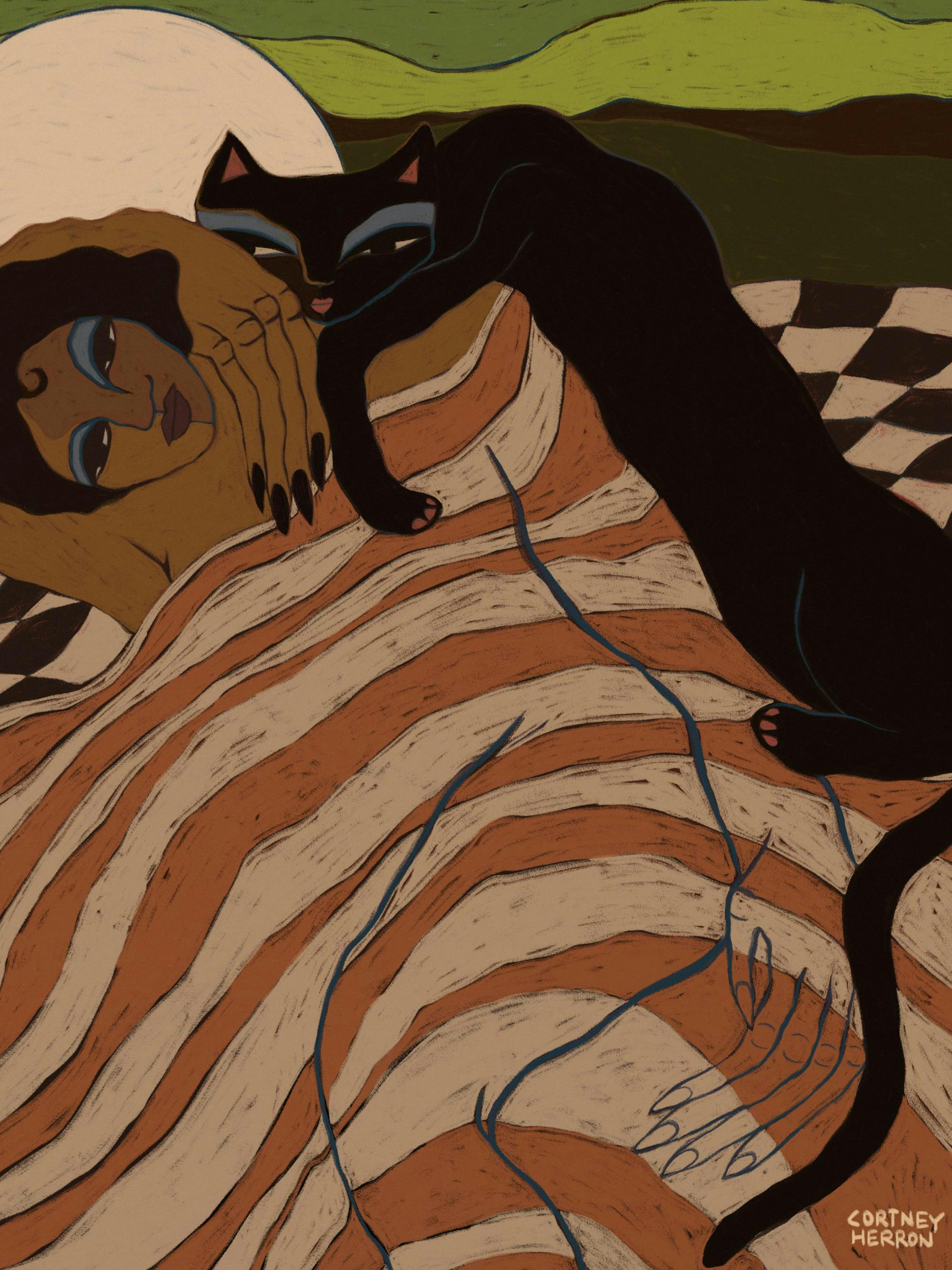 Affiche dune femme et dun chat noir, suspendue dans un salon moderne au-dessus dun canapé beige.