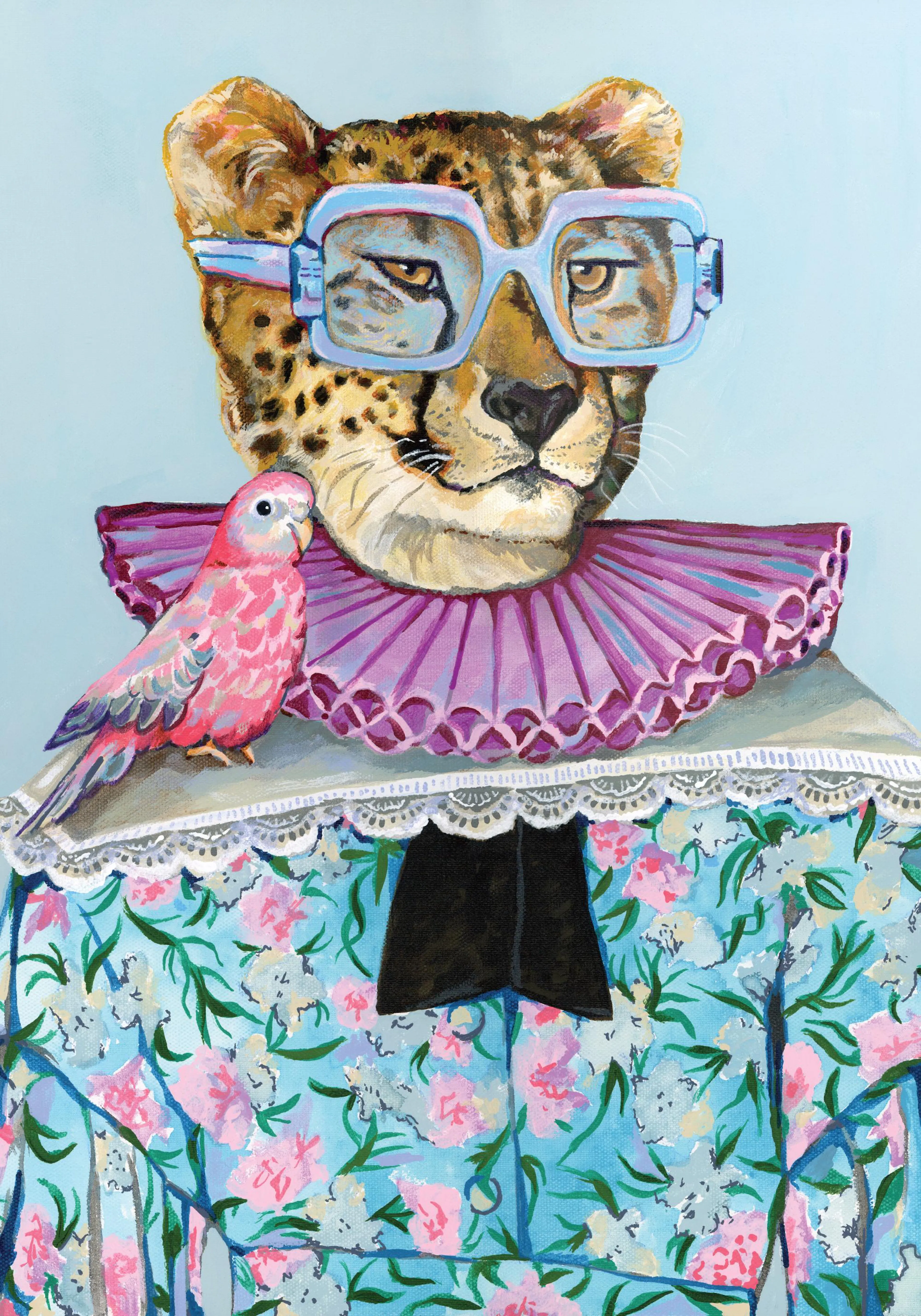 A quirky print of a cheetah wearing purple glasses and ruffled collar, with a pink bird on its shoulder.