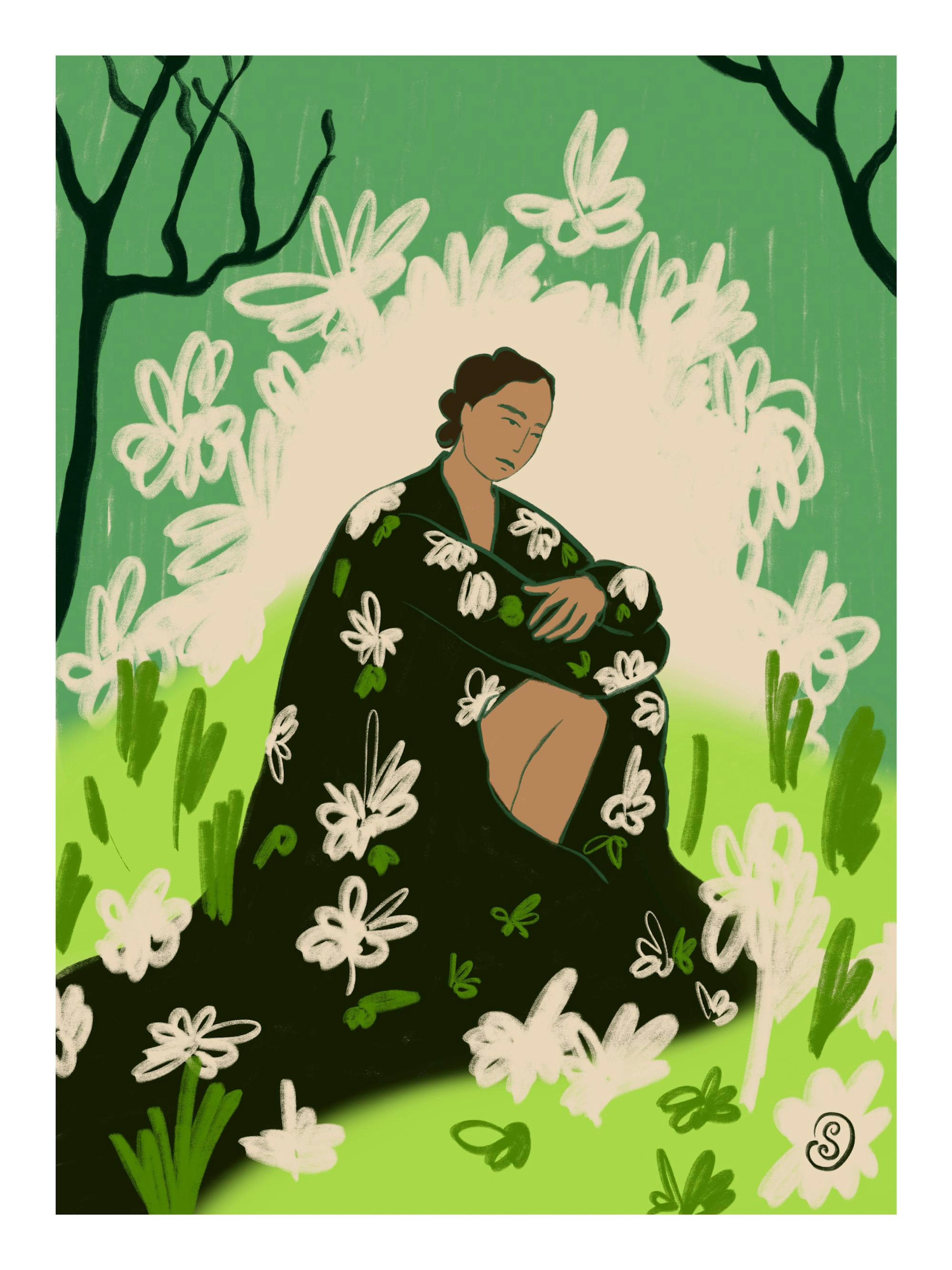 Plakát s ilustrací ženy v zeleném oděvu s bílými květy sedící v trávě, zavěšený nad postelí v ložnici.