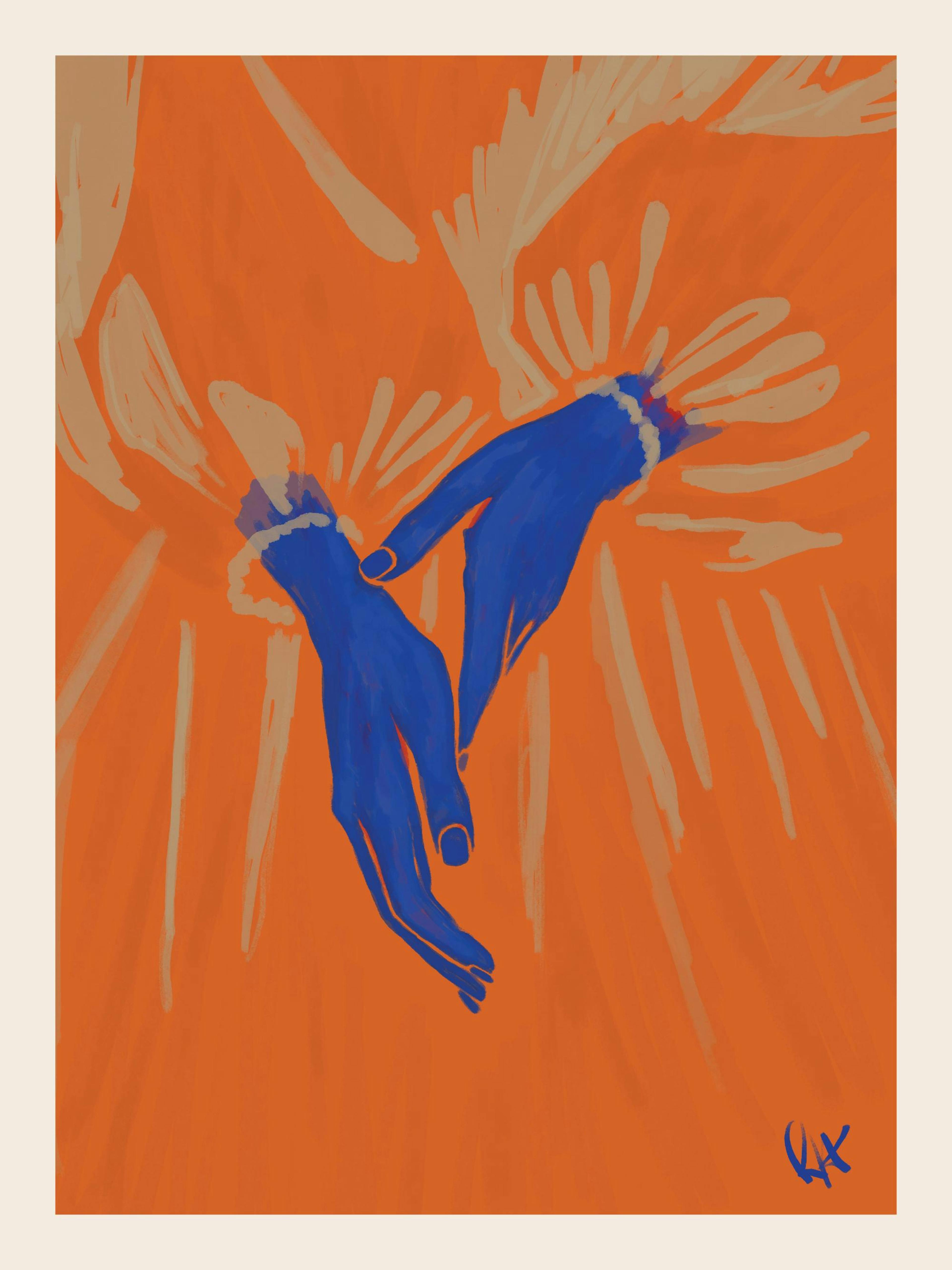 A colorful print with two blue hands reaching towards each other on an orange background with light brown abstract shapes.