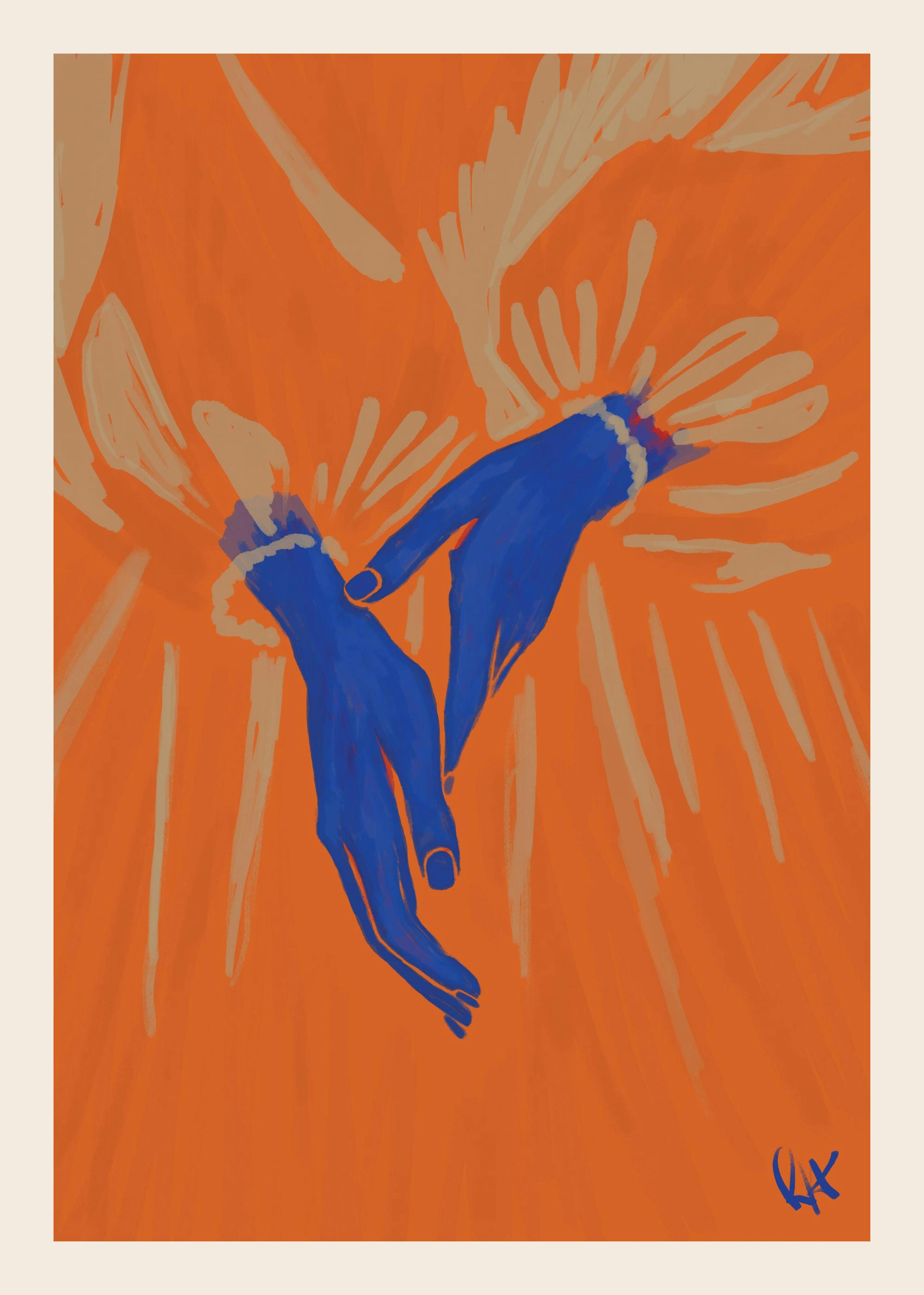 Un póster con dos manos azules abstractas entrelazadas sobre un fondo naranja con toques beige.