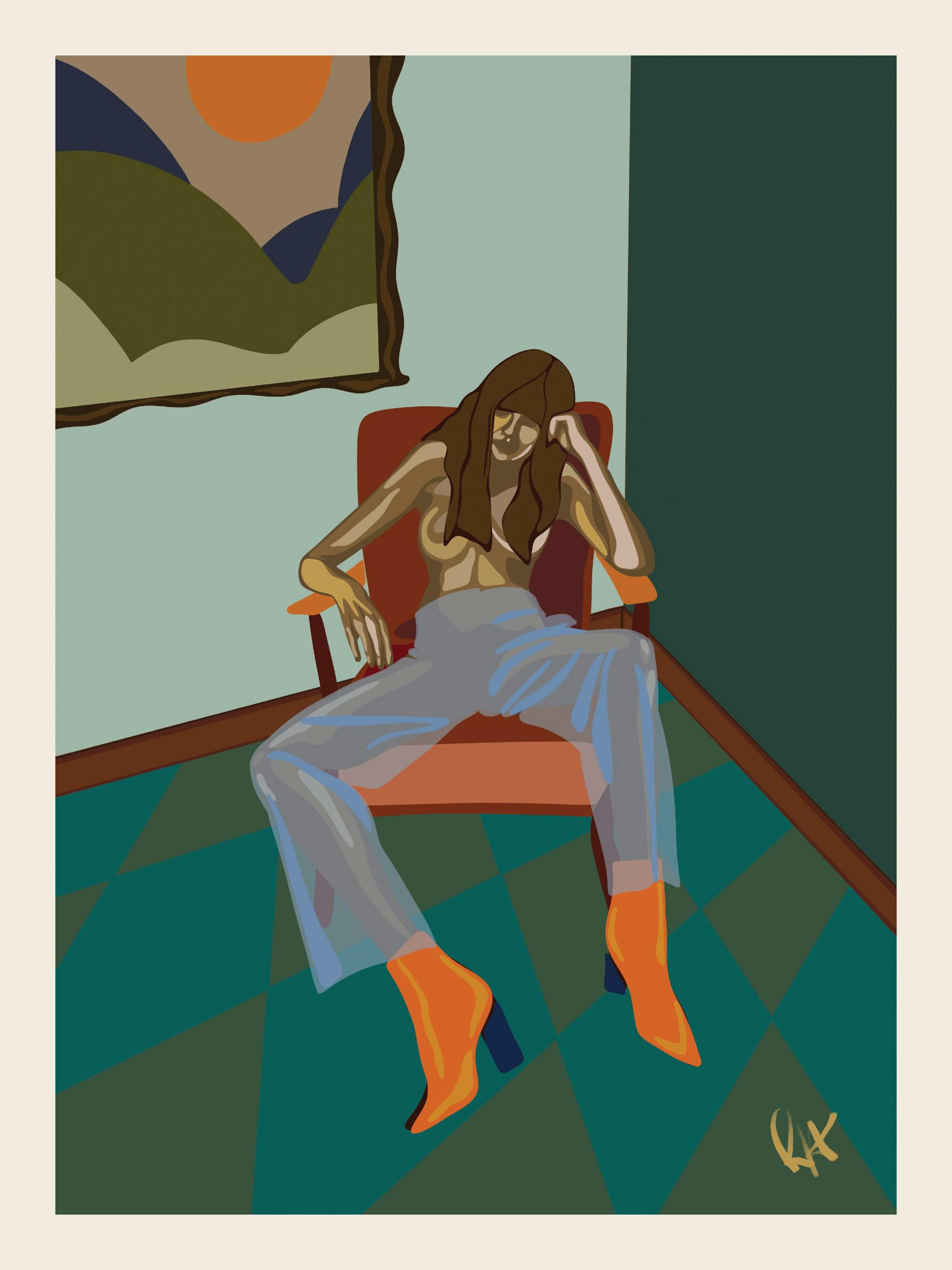 A colorful print of a woman in an orange chair with light blue pants and orange boots, with a landscape painting in the backgrou