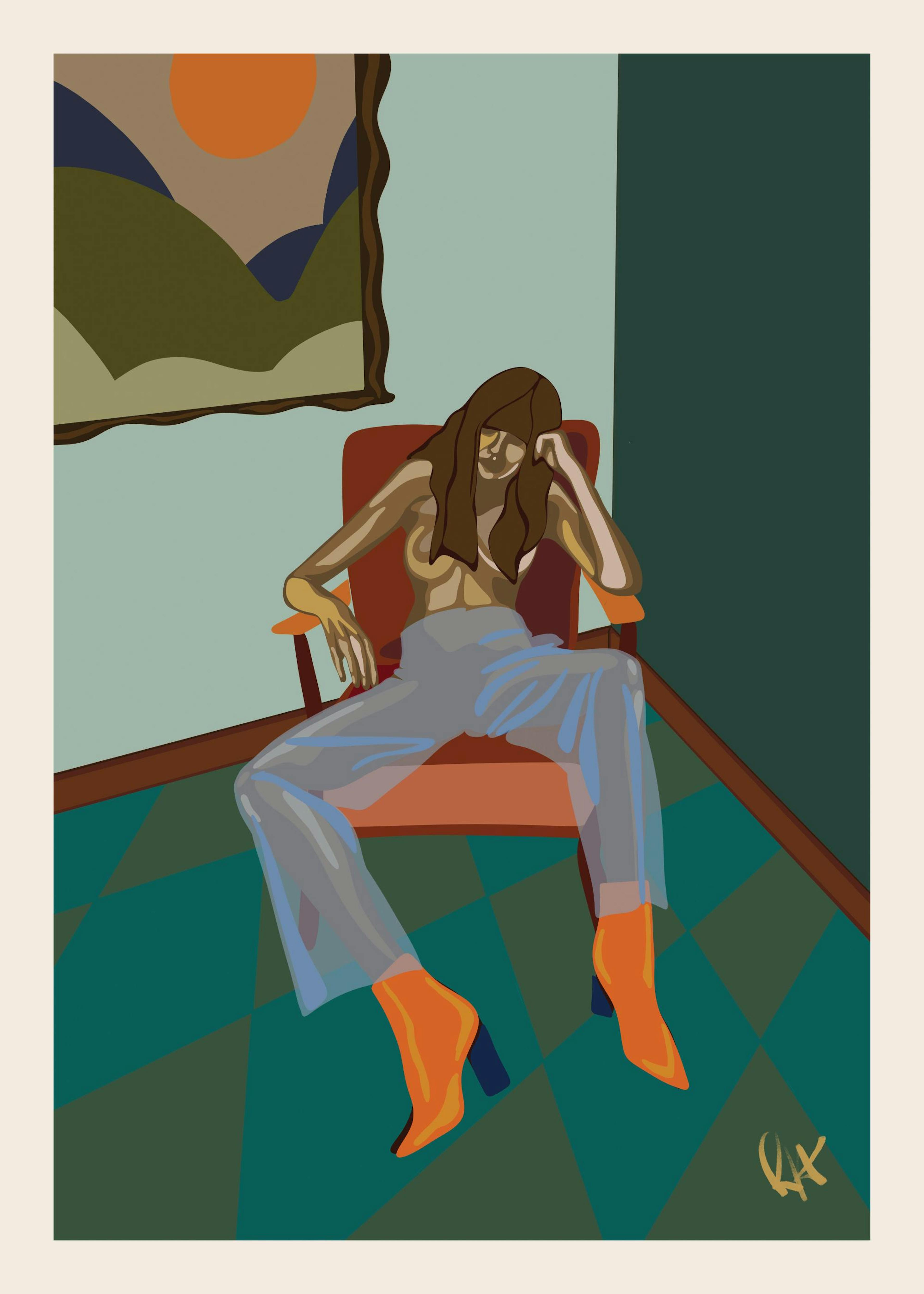 Póster de una mujer sentada en un sillón rojo con pantalones azules y botas naranjas, con un cuadro abstracto de montañas al fon