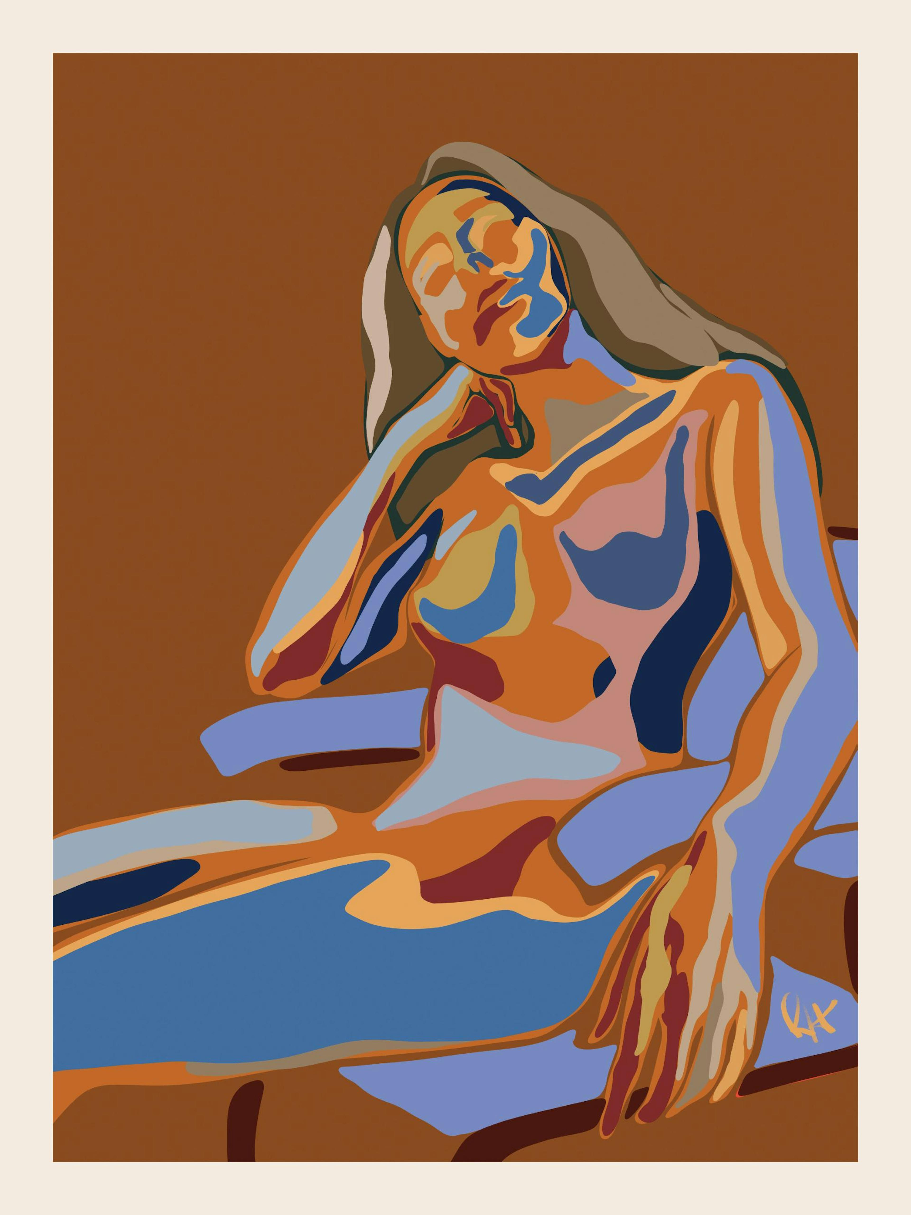 A print of a womans body in an abstract style, using shades of blue, orange, brown, and red to create a unique figure.