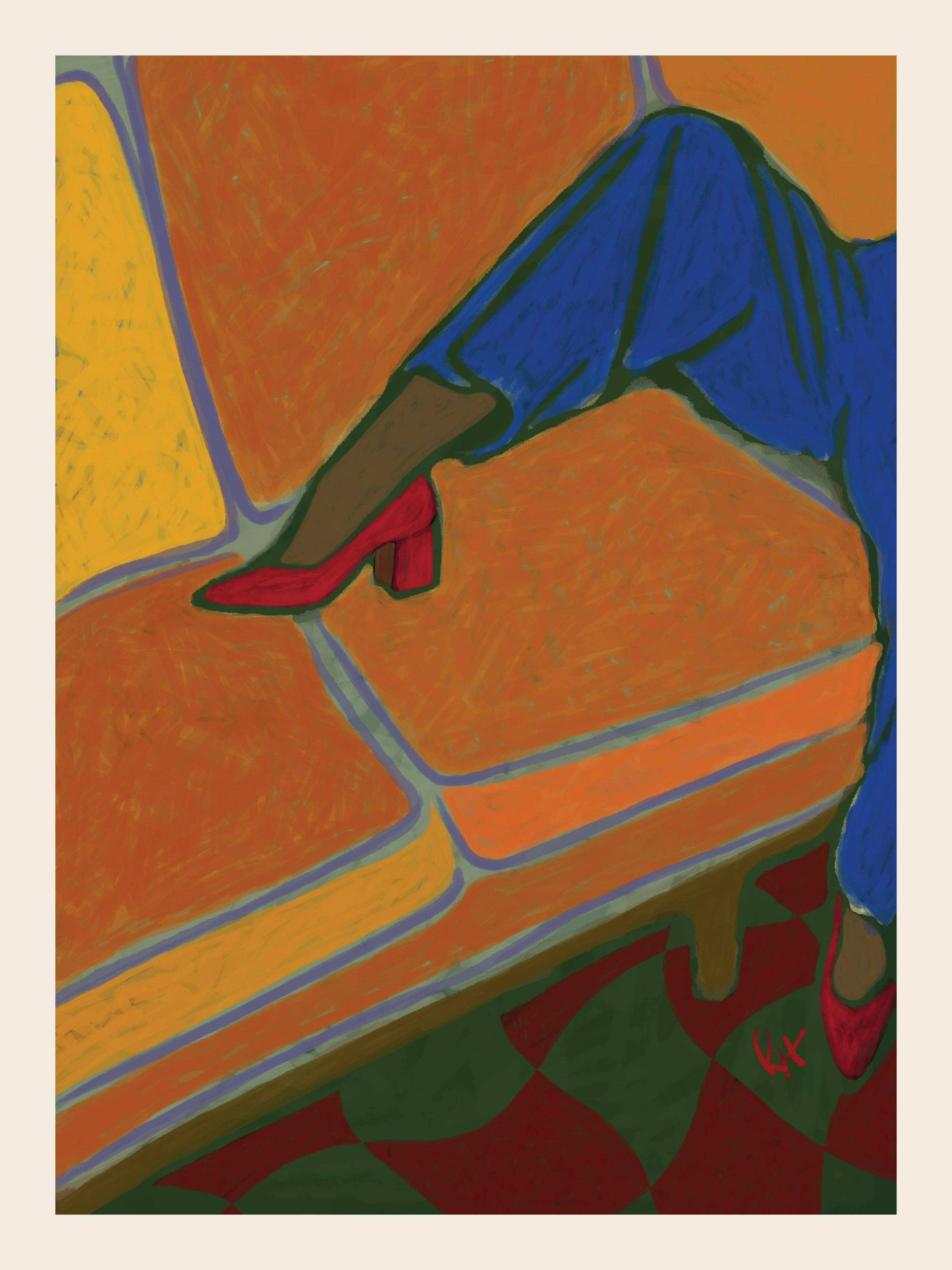 A print of a persons legs in blue pants and red shoes, relaxing on an orange couch with a green and red checkered floor.