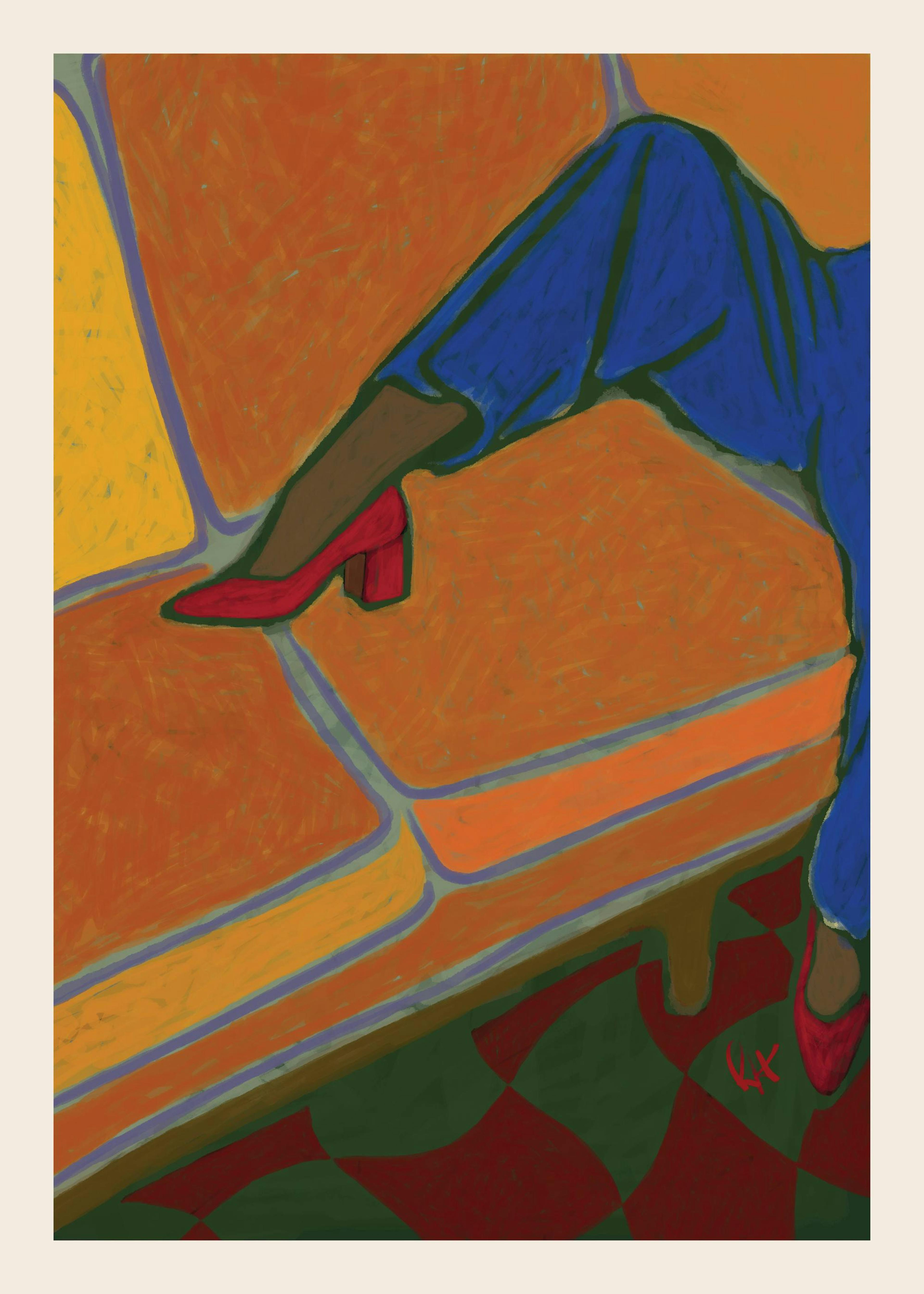 Póster de una persona recostada en un sofá naranja, con pantalones azules y zapatos rojos de tacón. El suelo es verde y rojo.