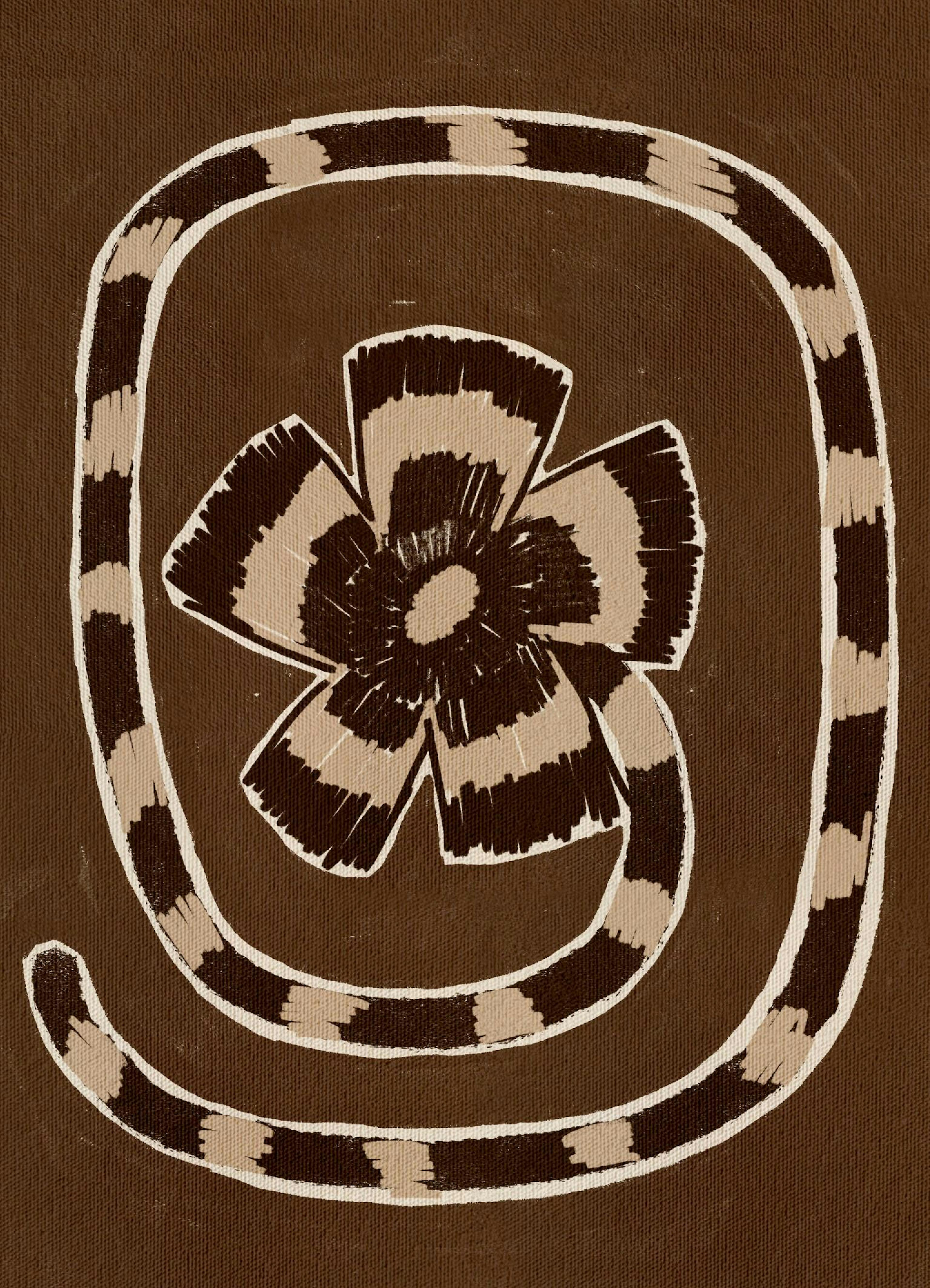 A print of an abstract brown flower with beige petals and a white outline, encircled by a spiral band on a dark brown background
