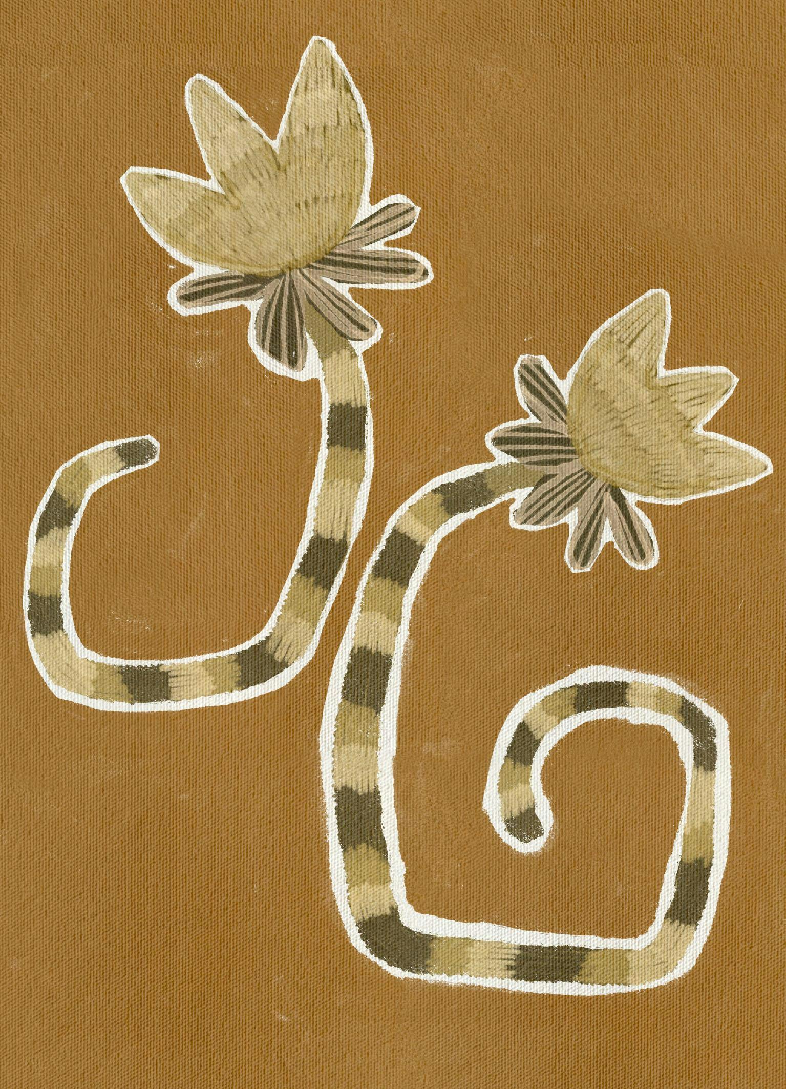 En poster med två stiliserade blommor i jordnära färger med vita konturer på en brun bakgrund.