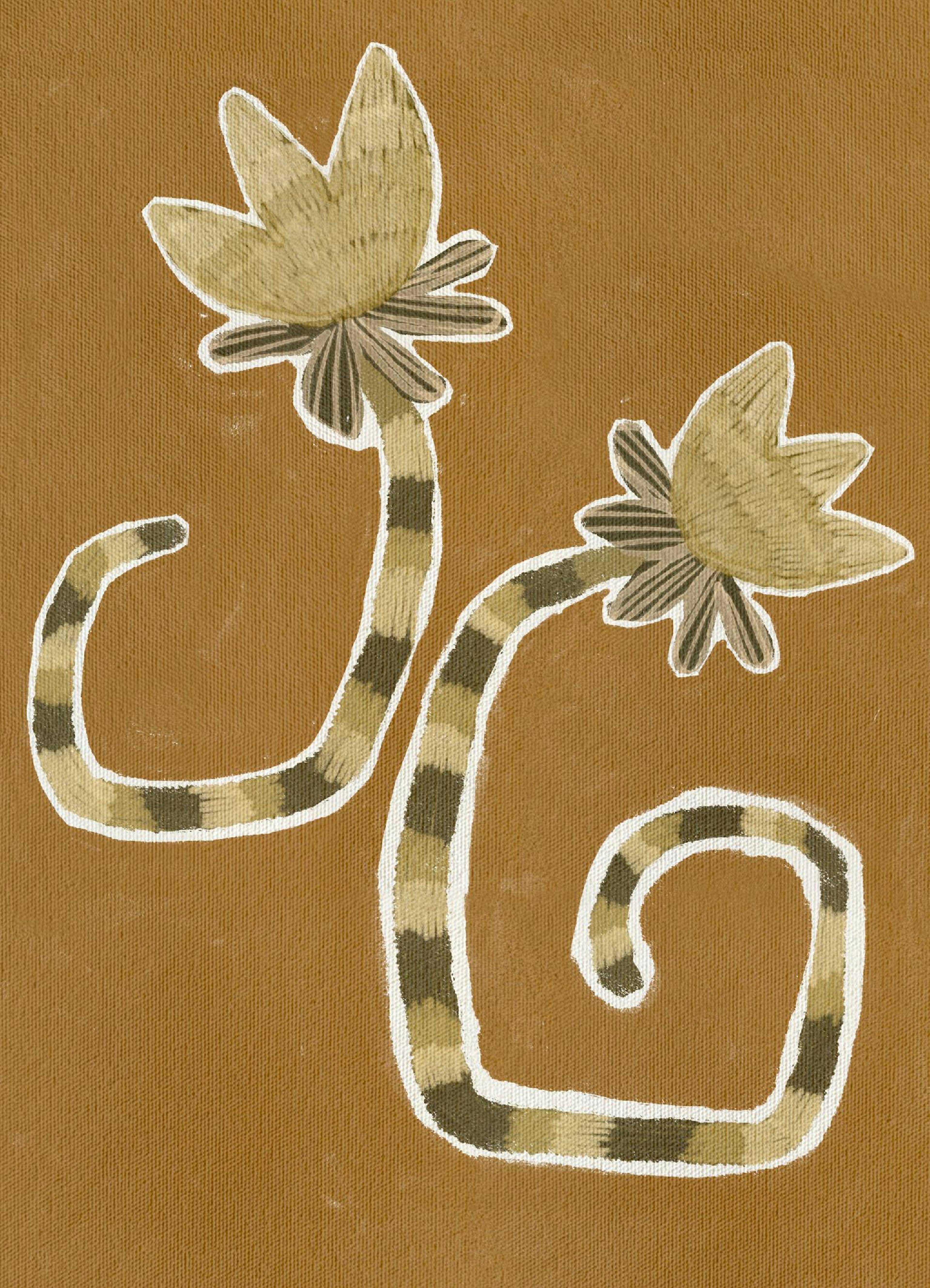A bohemian style print featuring two abstract flowers with striped stems on a brown background.