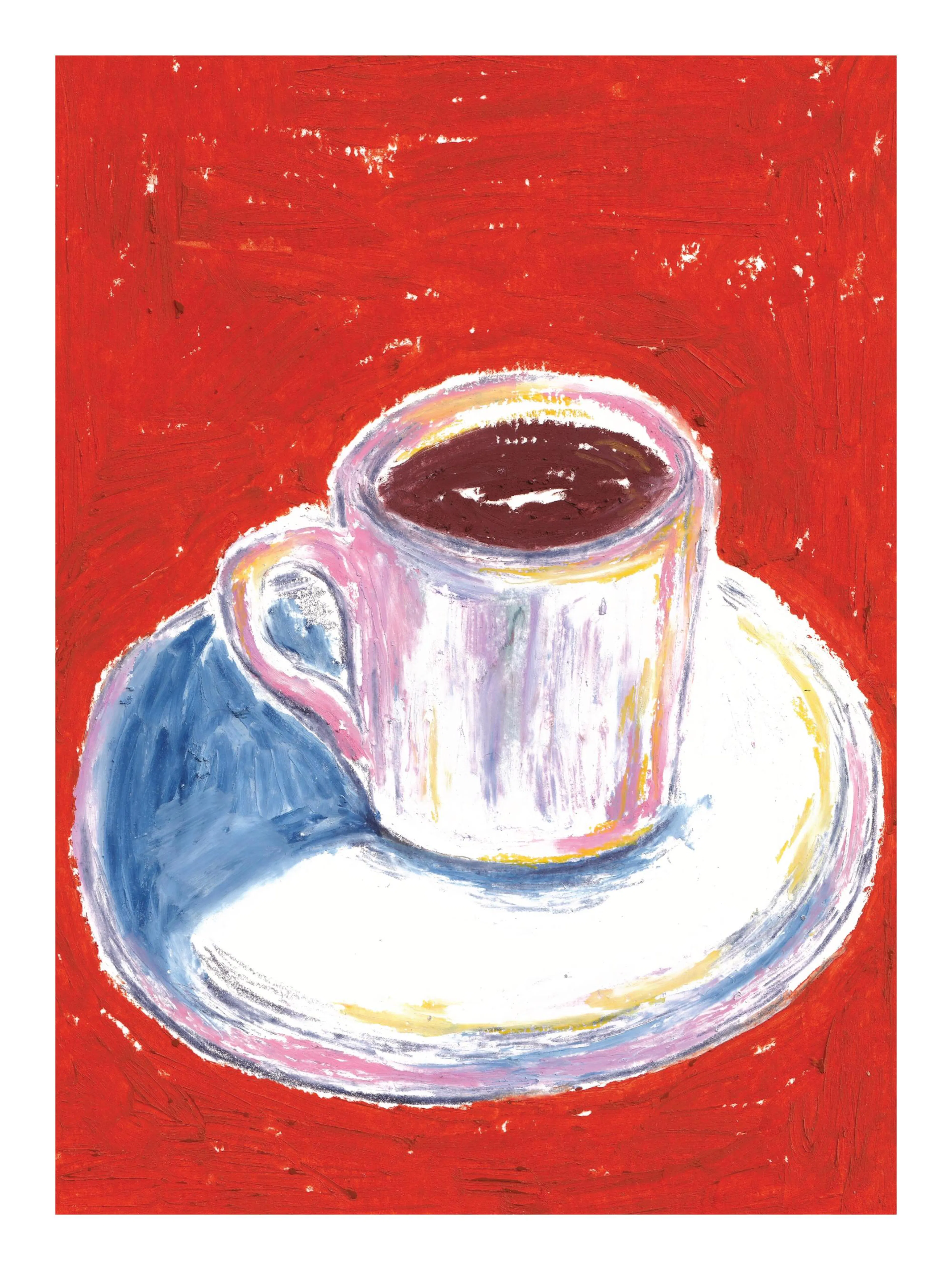Poster de uma chávena de café branca com pires, em tons vibrantes de rosa e azul, sobre um fundo vermelho texturizado.