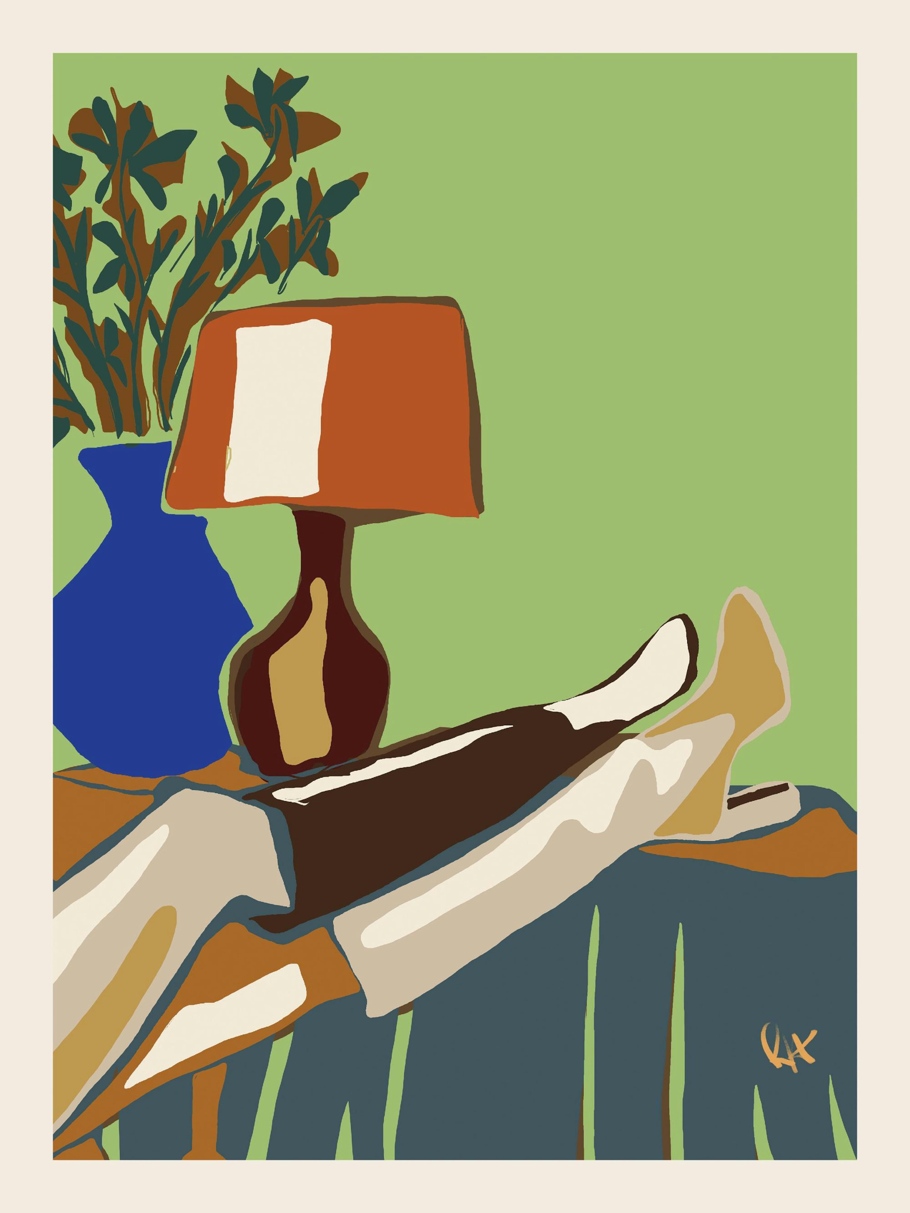 A colorful print of legs resting on a surface next to a lamp and a vase with plants, on a green background.