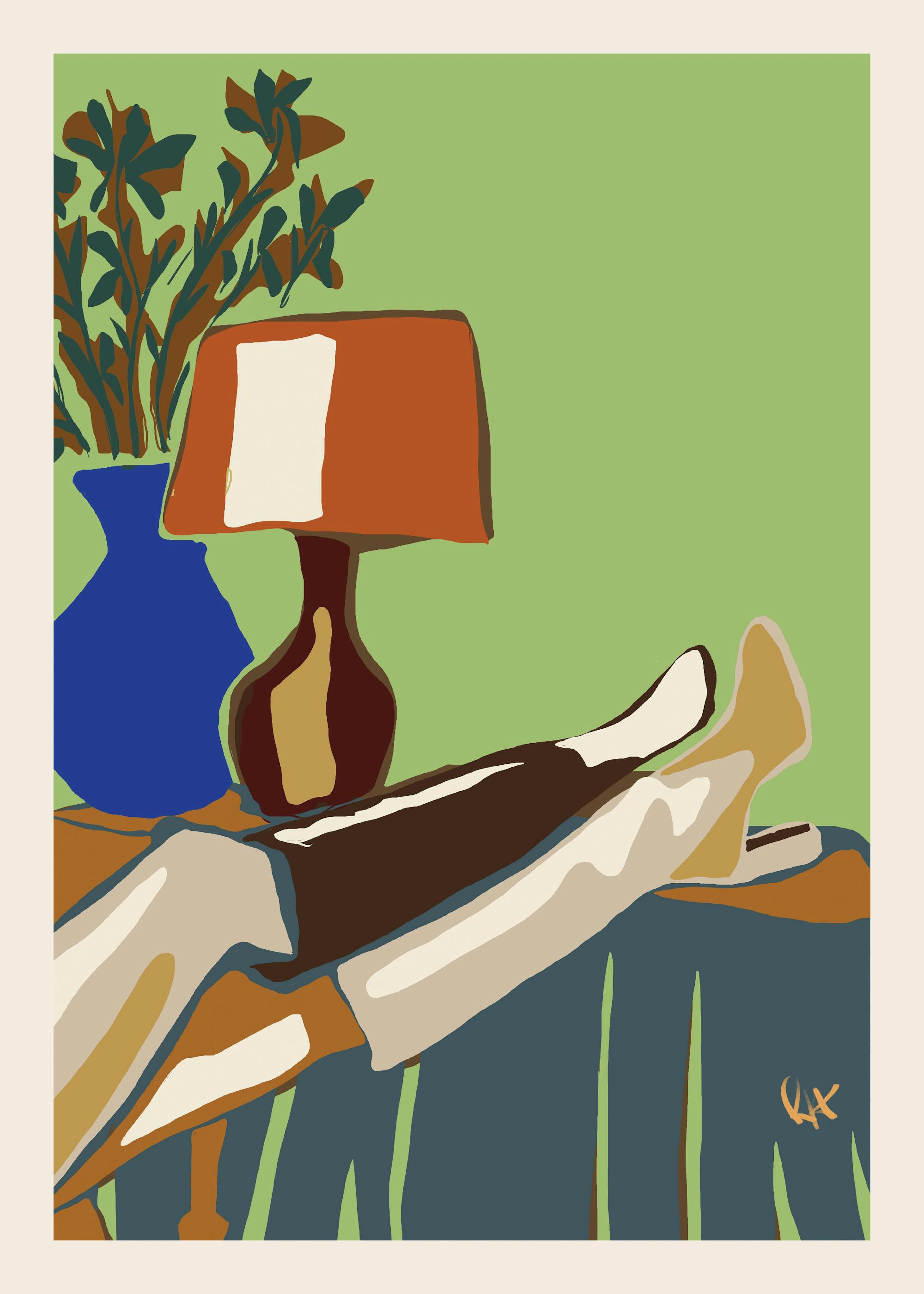 Poster: Grafische Illustration einer Person, die auf einem Sofa liegt, mit Vase und Lampe auf einem Beistelltisch.