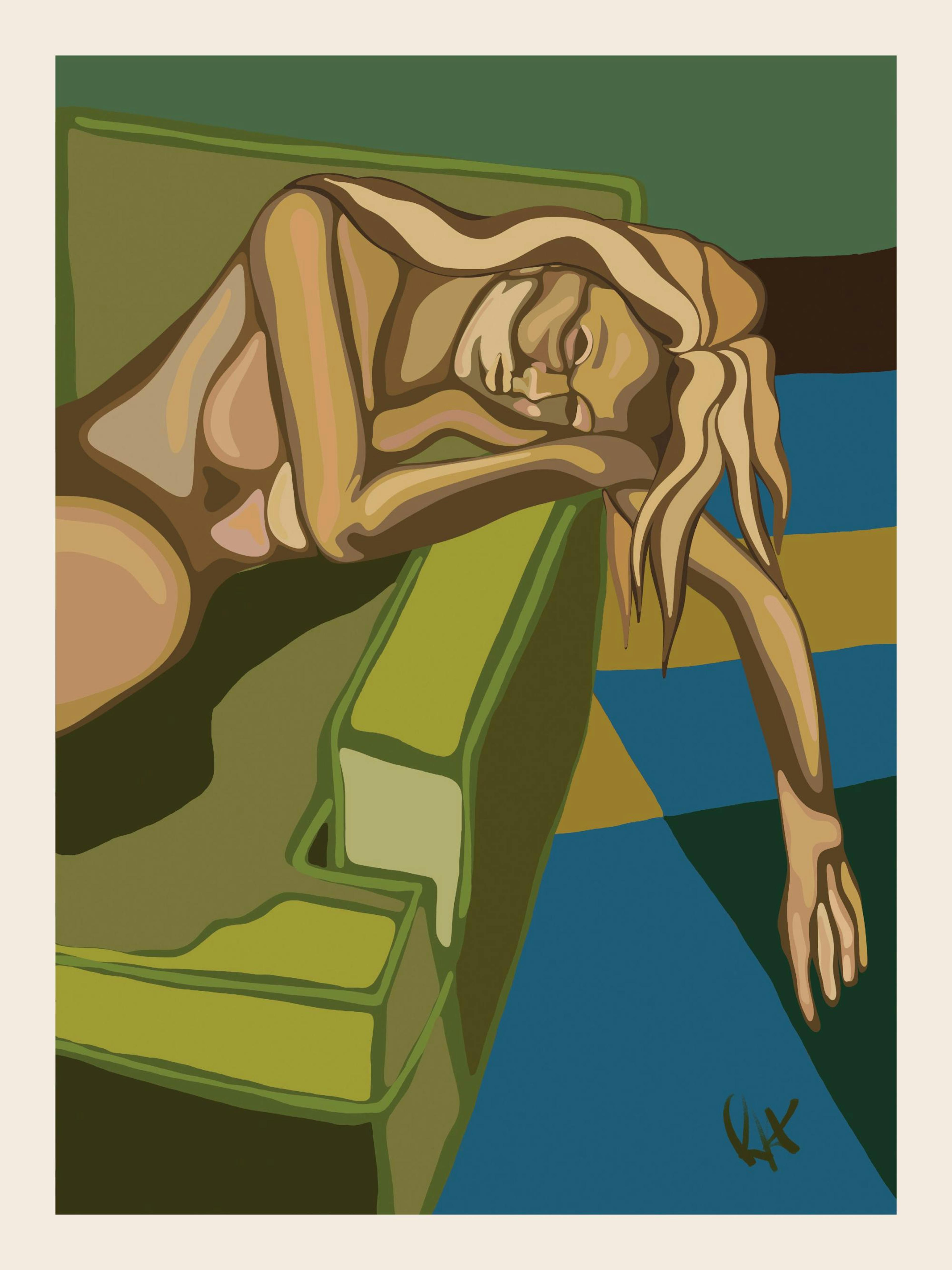 A print of a woman with blonde hair, resting on a green sofa, with blue and green abstract shapes in the background.